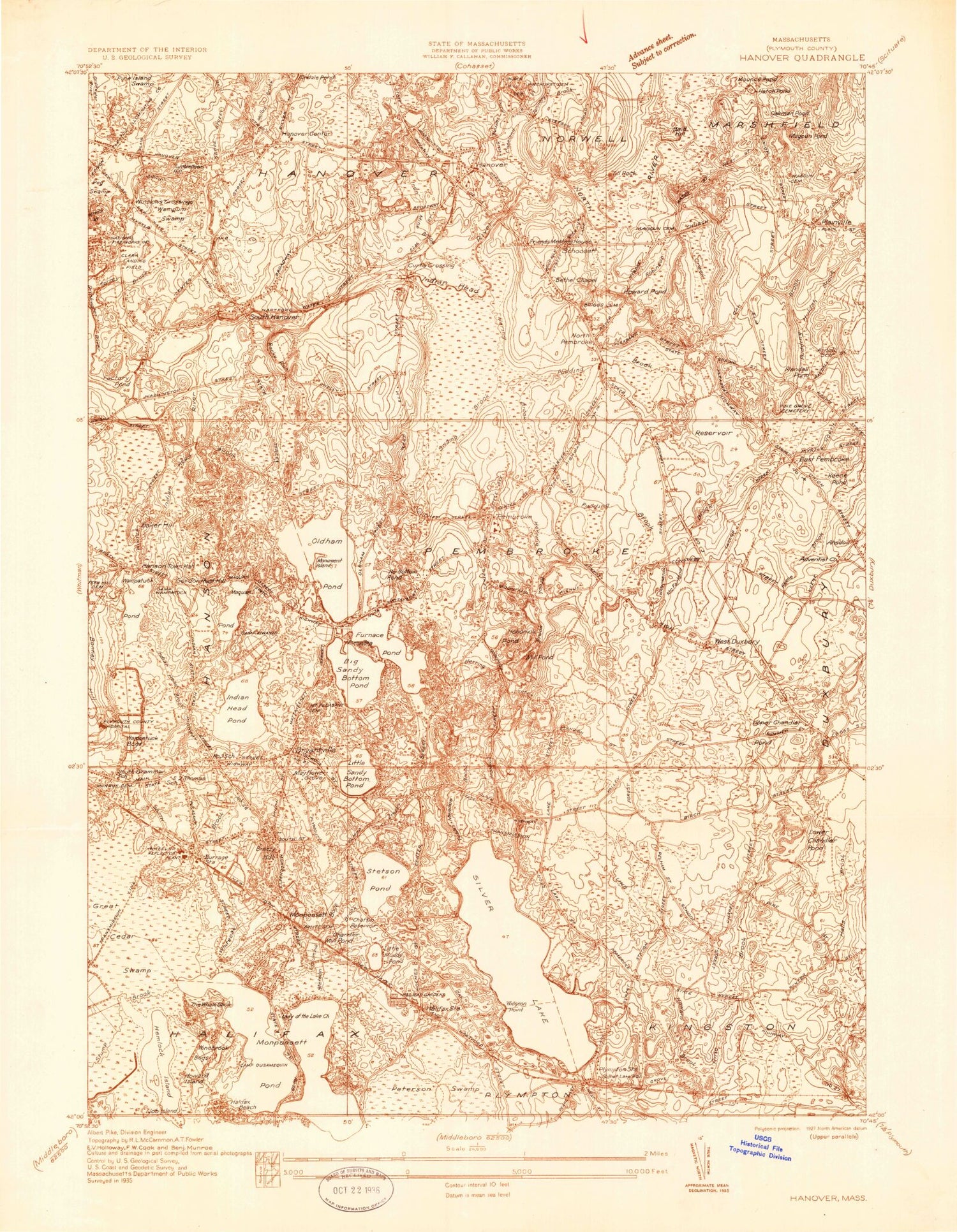 Classic USGS Hanover Massachusetts 7.5'x7.5' Topo Map Image