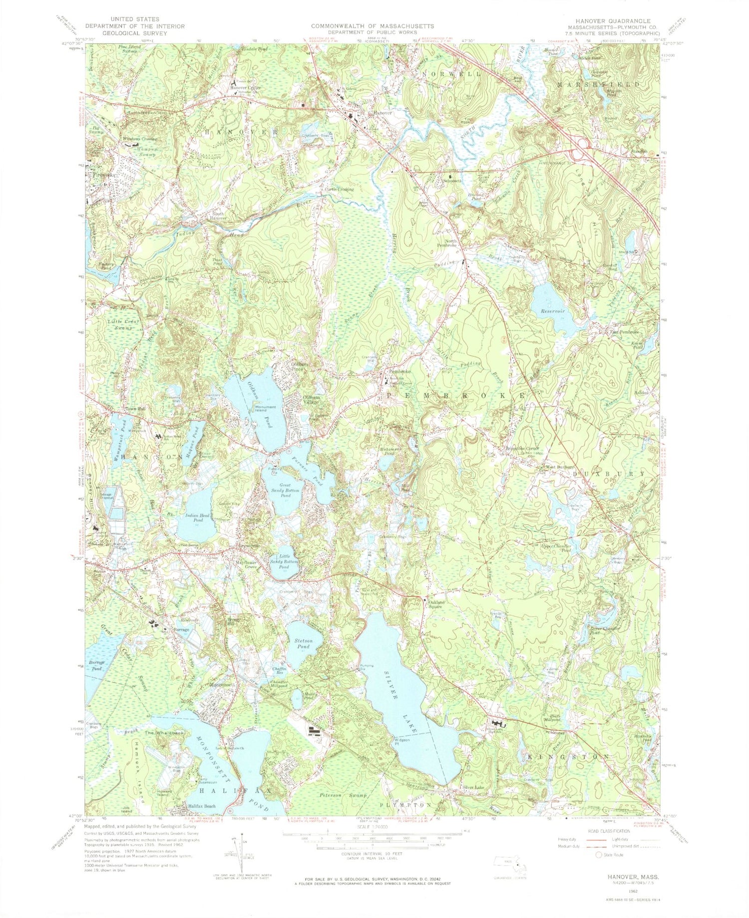 Classic USGS Hanover Massachusetts 7.5'x7.5' Topo Map Image