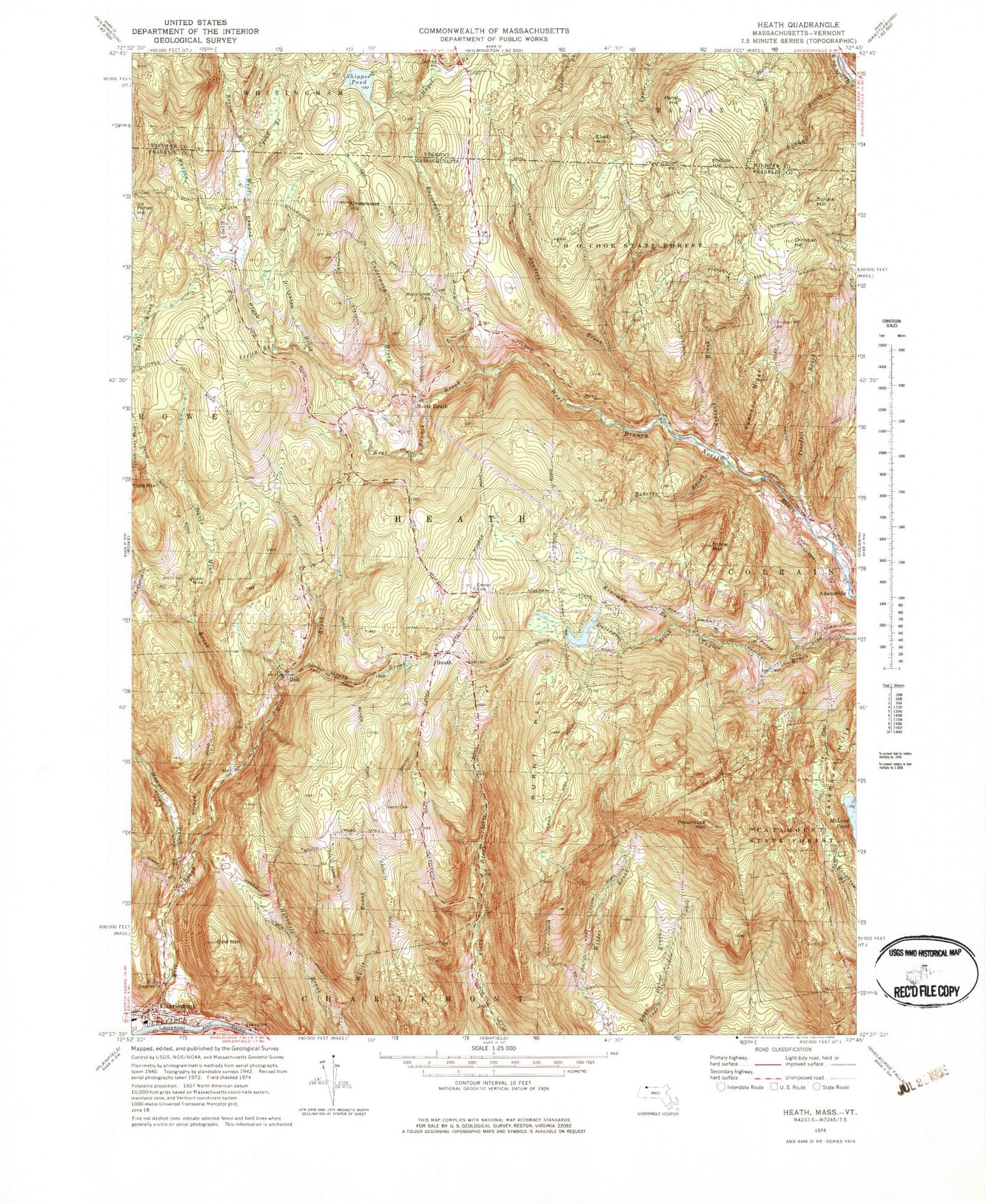 Classic USGS Heath Massachusetts 7.5'x7.5' Topo Map Image