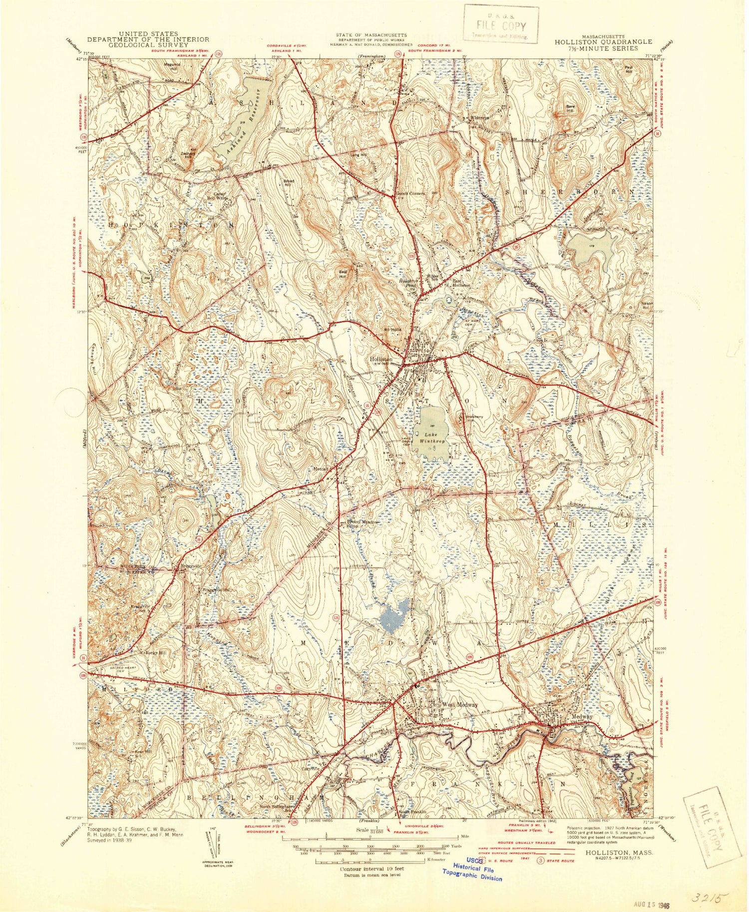 Classic USGS Holliston Massachusetts 7.5'x7.5' Topo Map Image