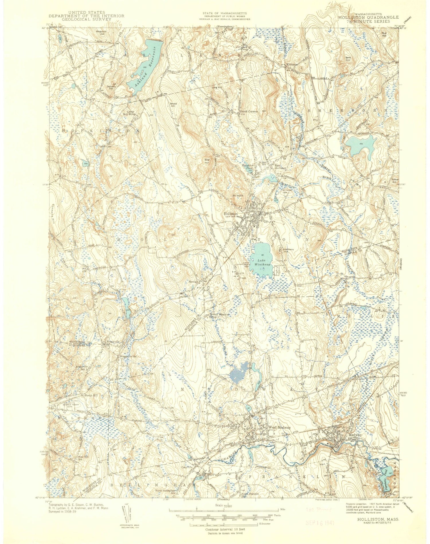 Classic USGS Holliston Massachusetts 7.5'x7.5' Topo Map Image