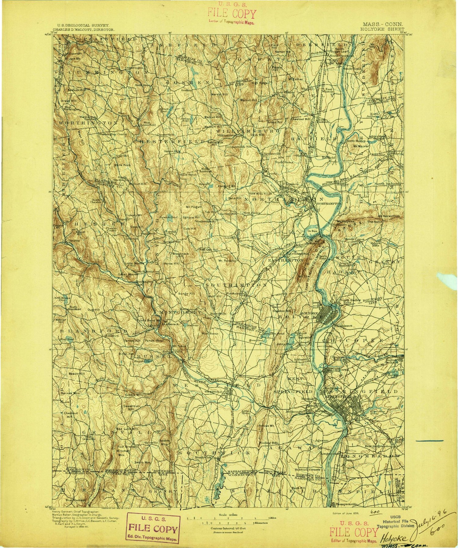 Historic 1896 Holyoke Massachusetts 30'x30' Topo Map Image