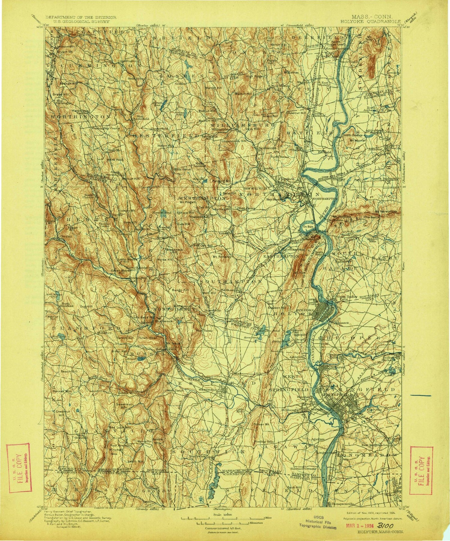 Historic 1901 Holyoke Massachusetts 30'x30' Topo Map Image