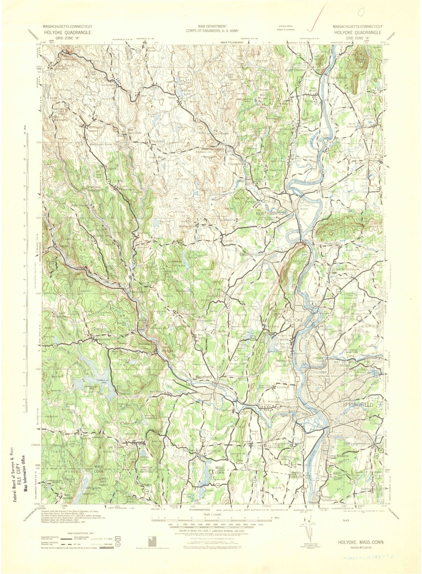 Historic 1943 Holyoke Massachusetts 30'x30' Topo Map Image