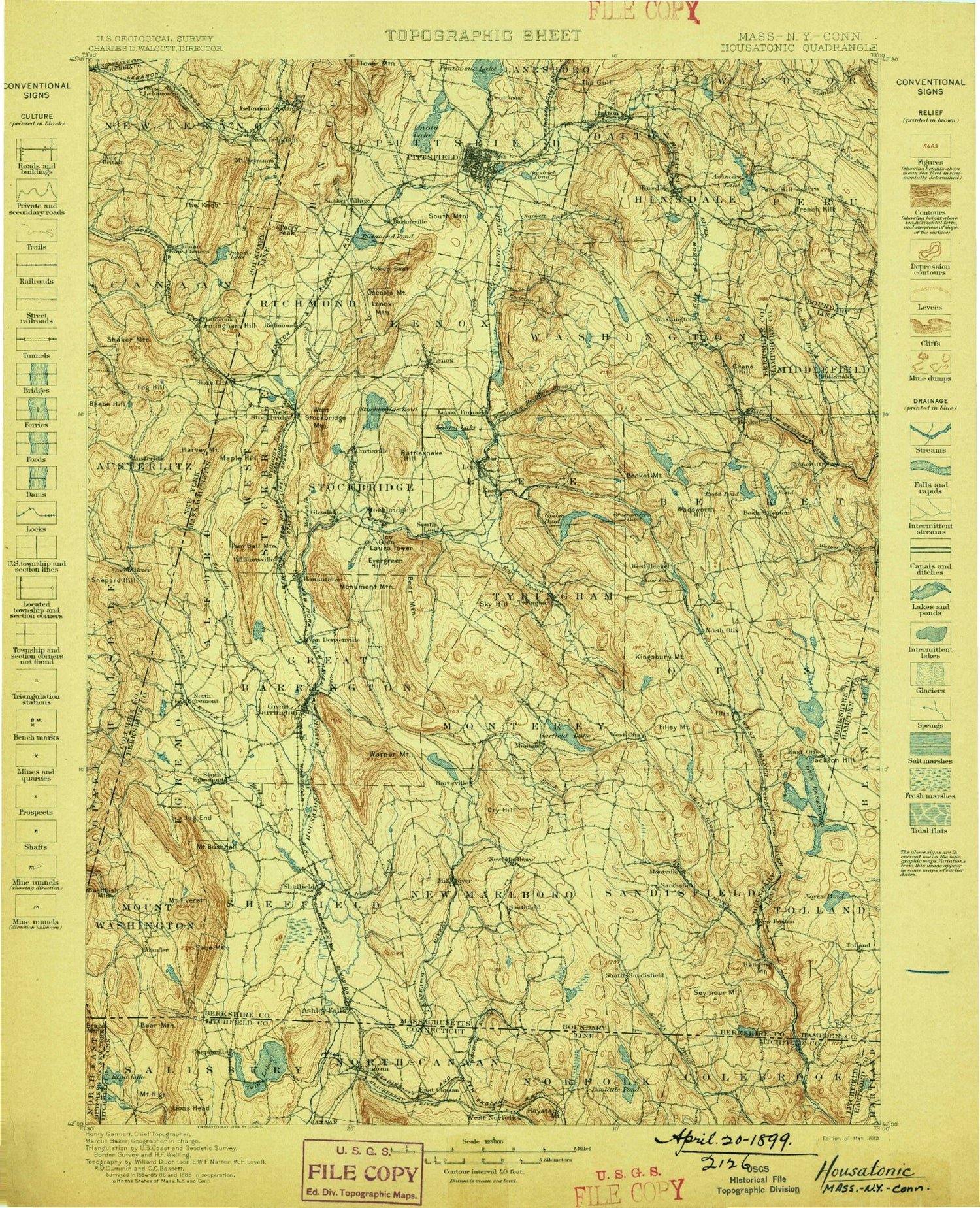 Historic 1899 Housatonic Massachusetts 30'x30' Topo Map Image