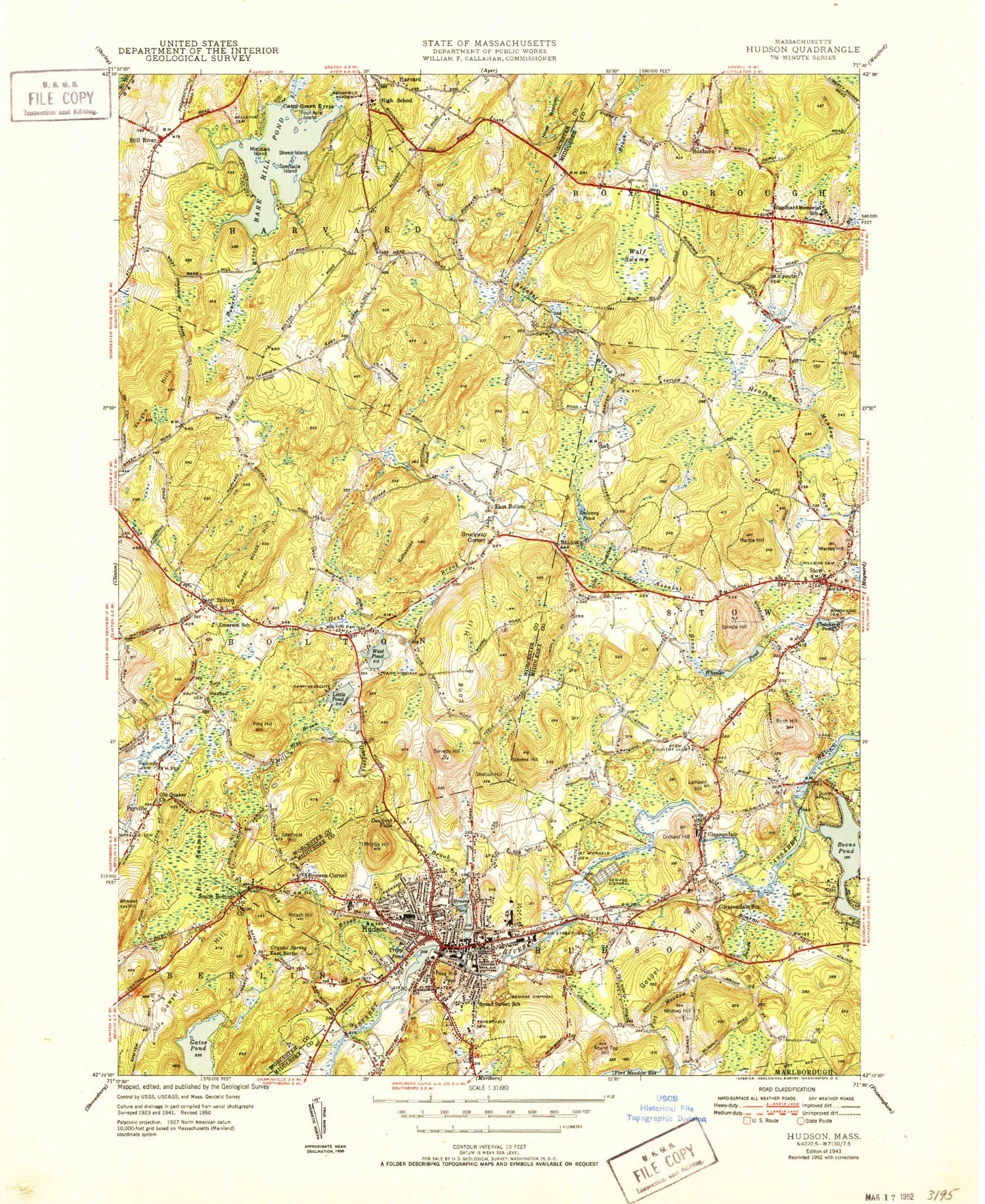 Classic USGS Hudson Massachusetts 7.5'x7.5' Topo Map Image