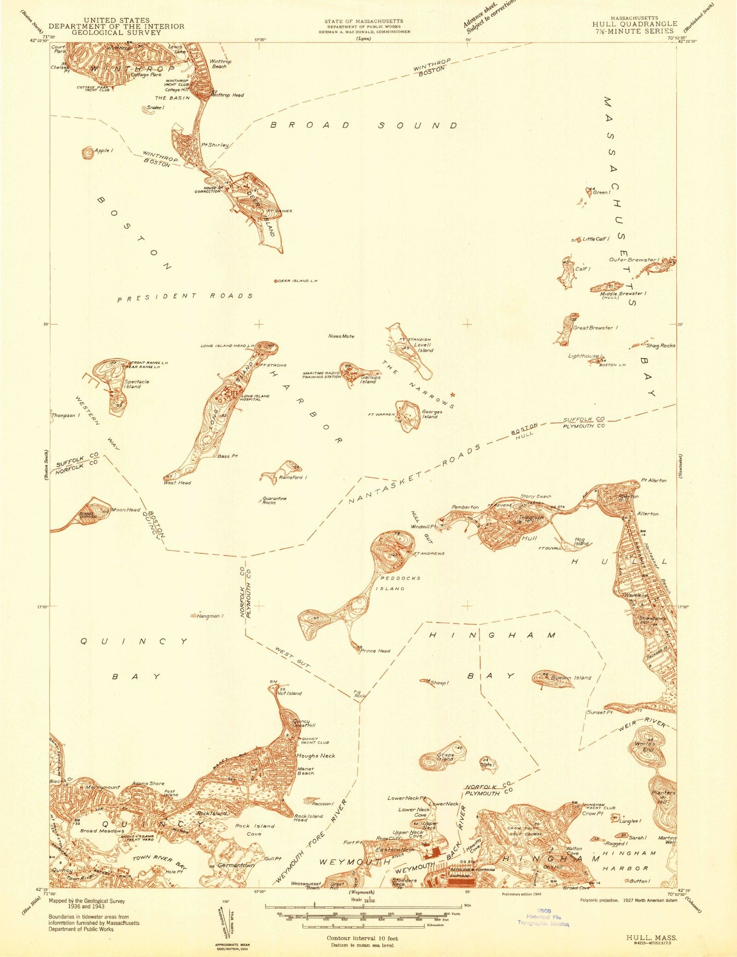 Classic USGS Hull Massachusetts 7.5'x7.5' Topo Map Image