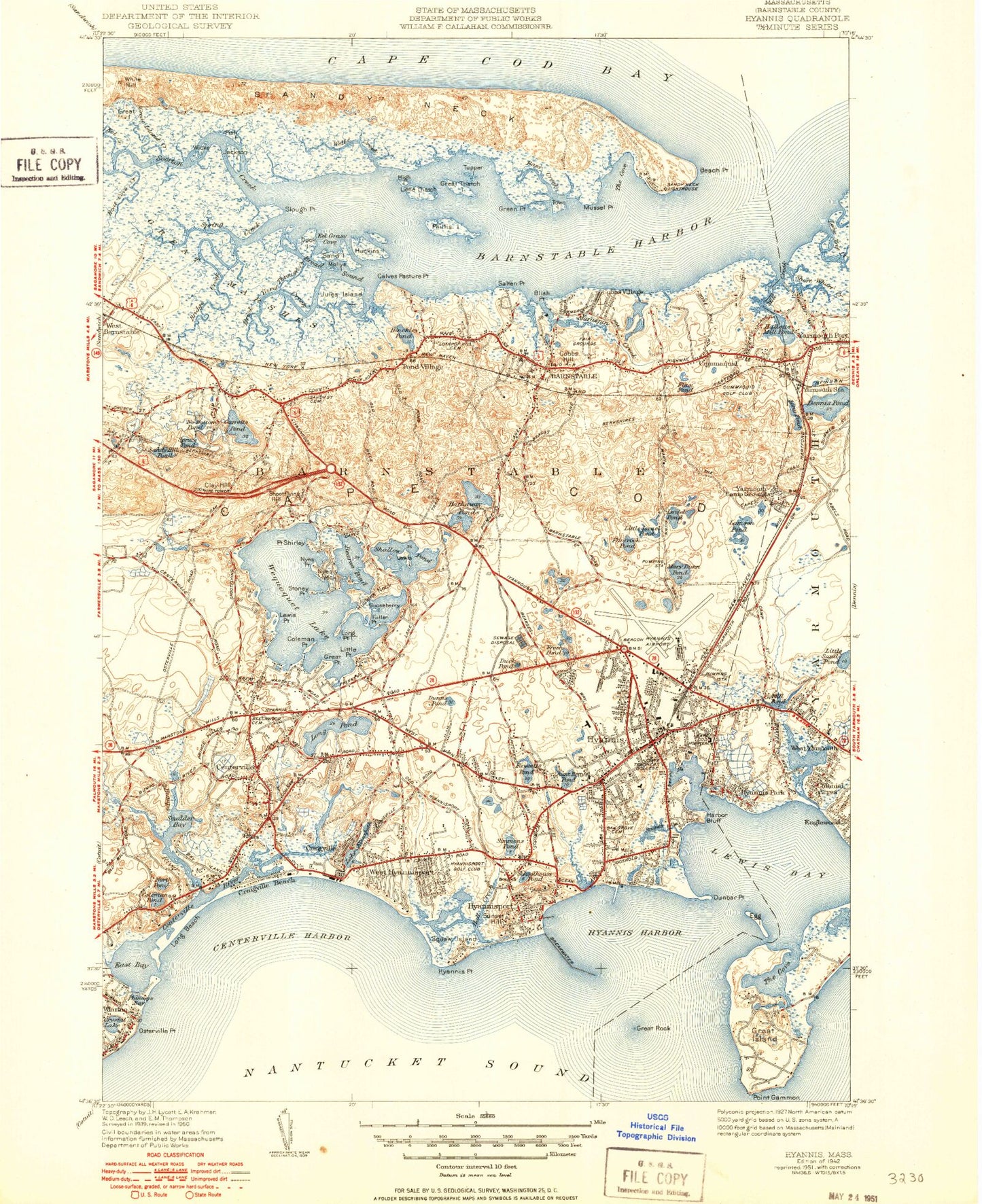 Classic USGS Hyannis Massachusetts 7.5'x7.5' Topo Map Image