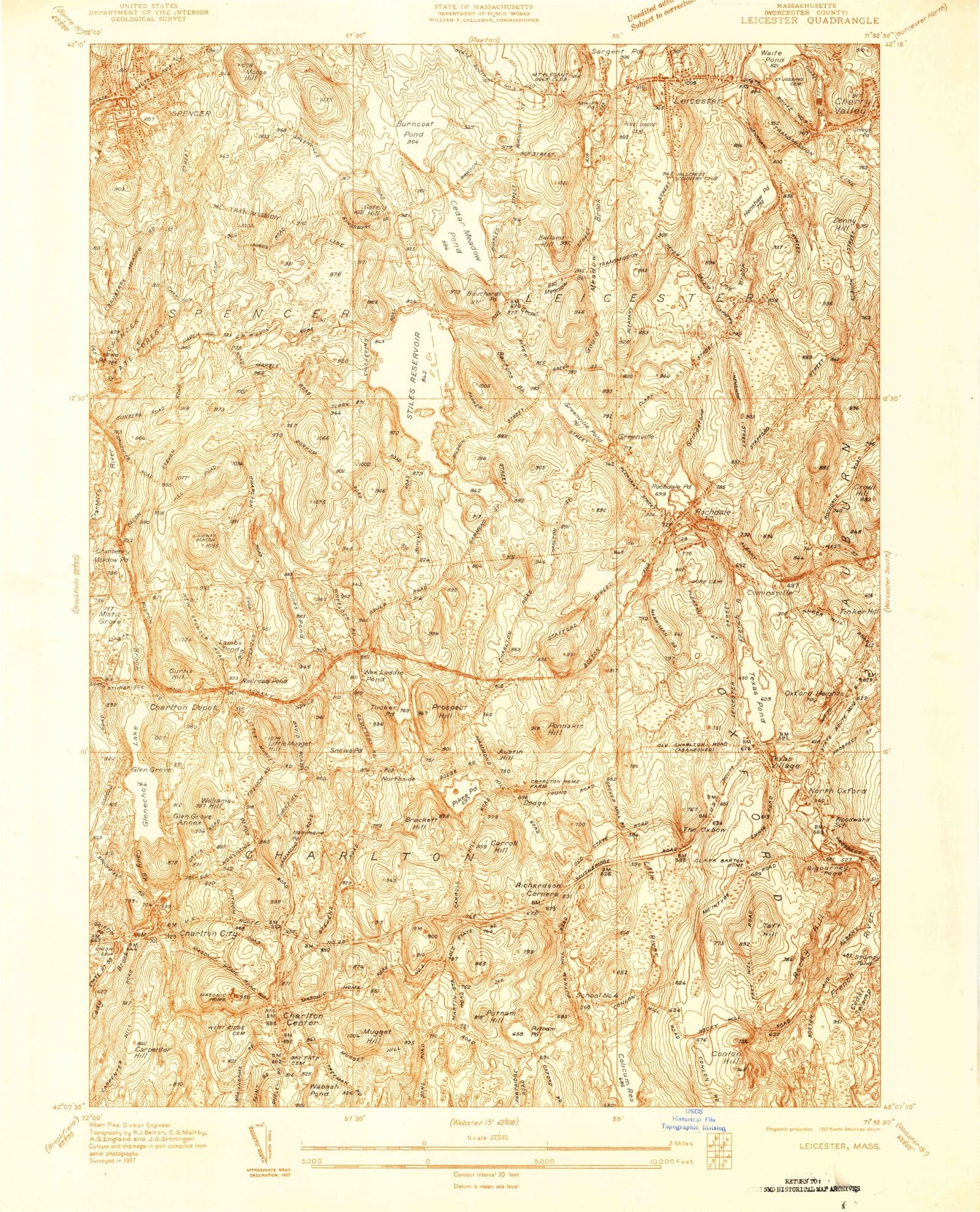Classic USGS Leicester Massachusetts 7.5'x7.5' Topo Map Image