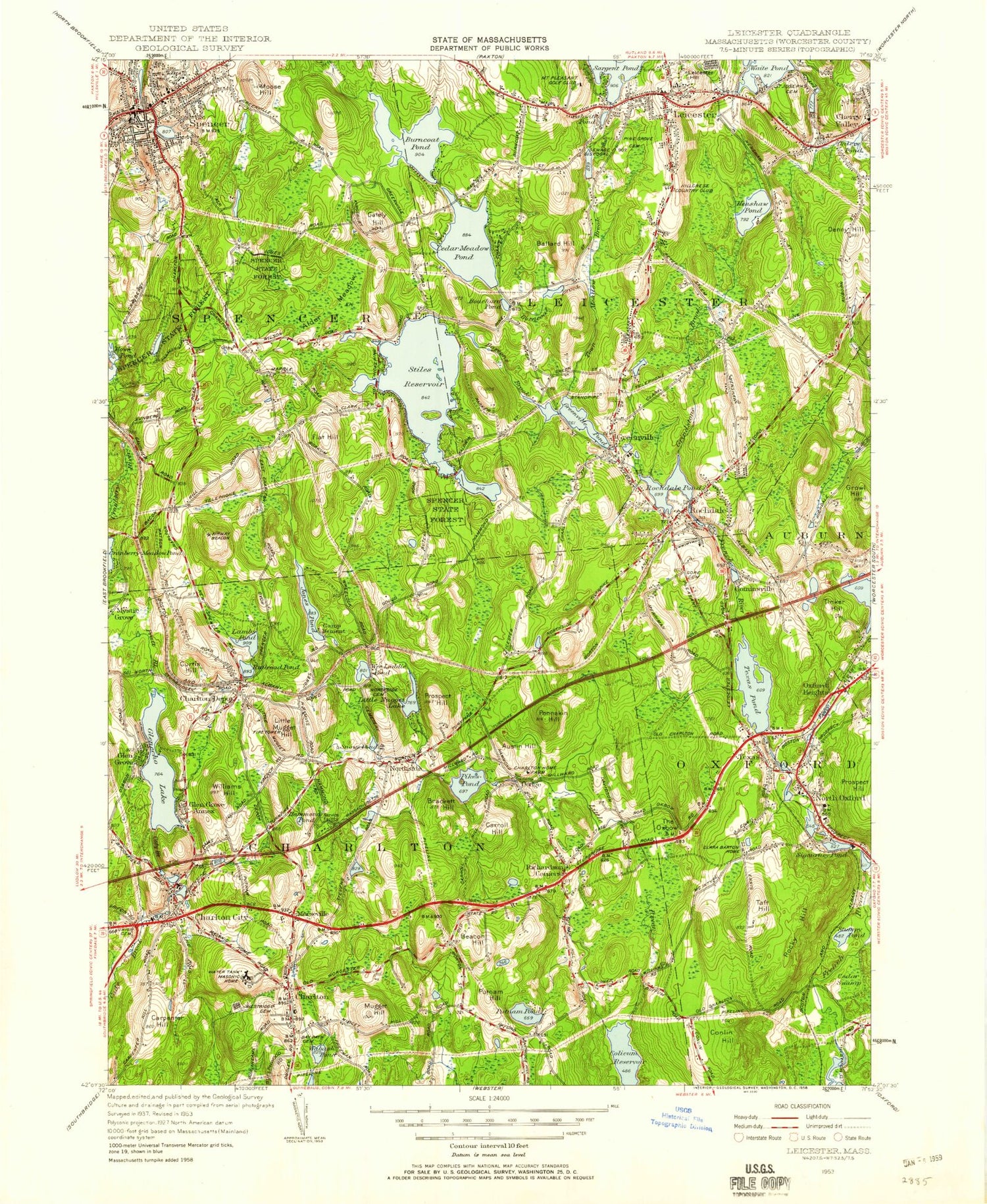Classic USGS Leicester Massachusetts 7.5'x7.5' Topo Map Image