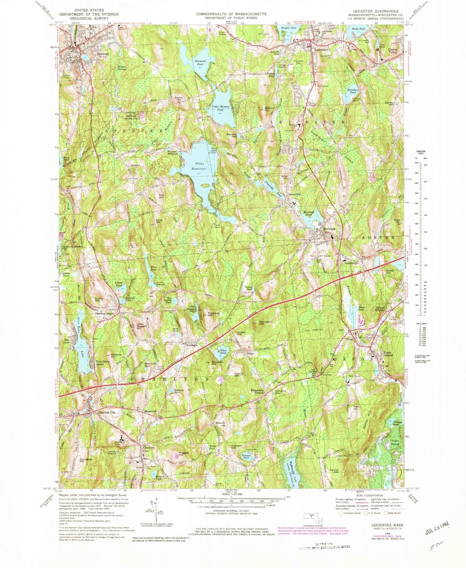 Classic USGS Leicester Massachusetts 7.5'x7.5' Topo Map Image