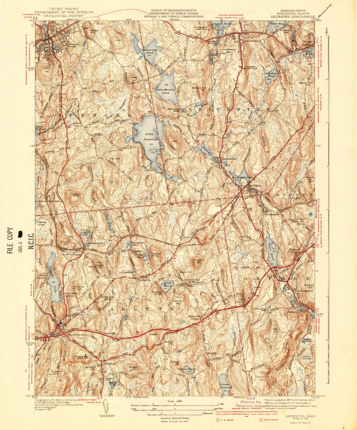 Classic USGS Leicester Massachusetts 7.5'x7.5' Topo Map Image