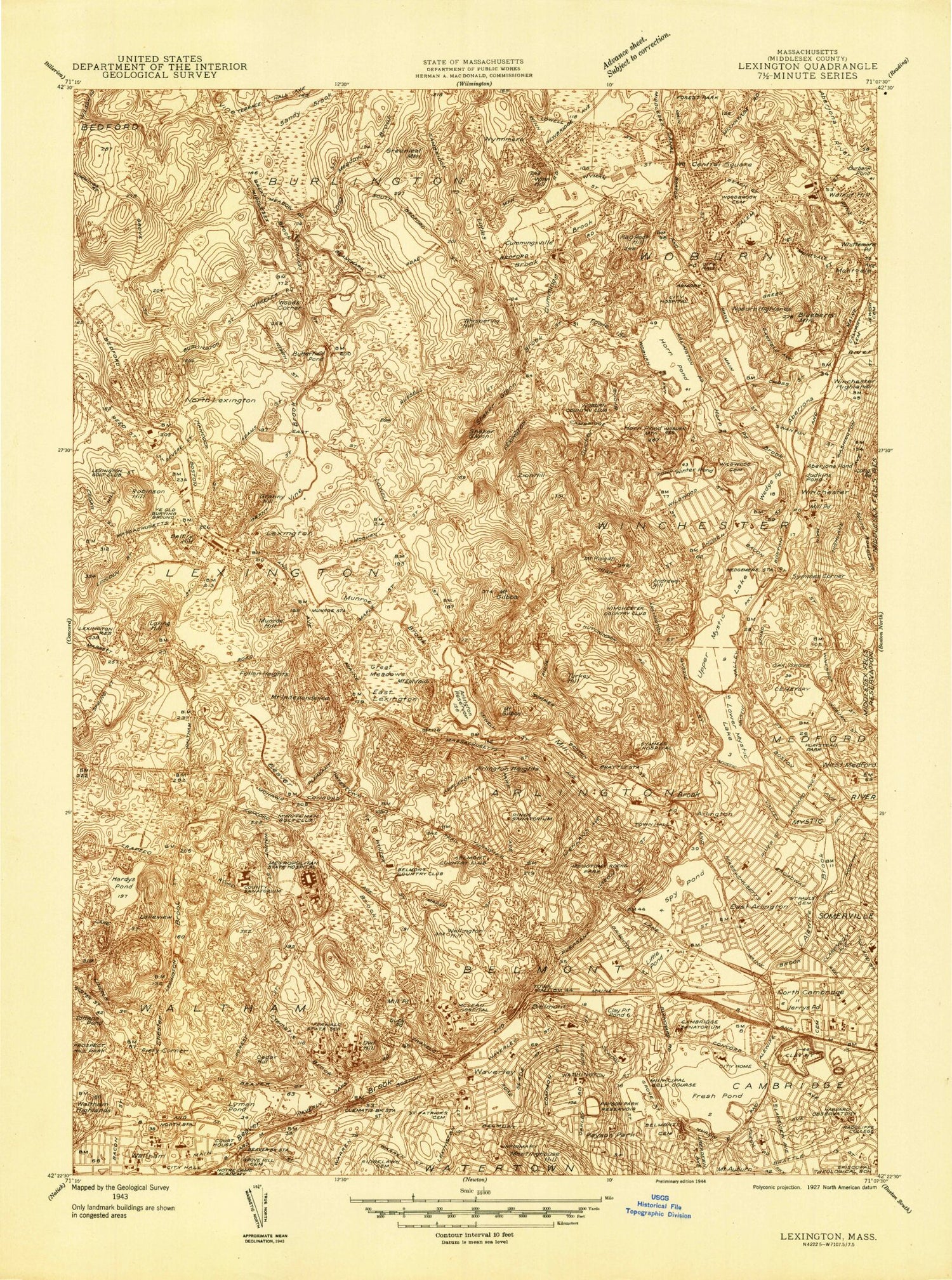Classic USGS Lexington Massachusetts 7.5'x7.5' Topo Map Image
