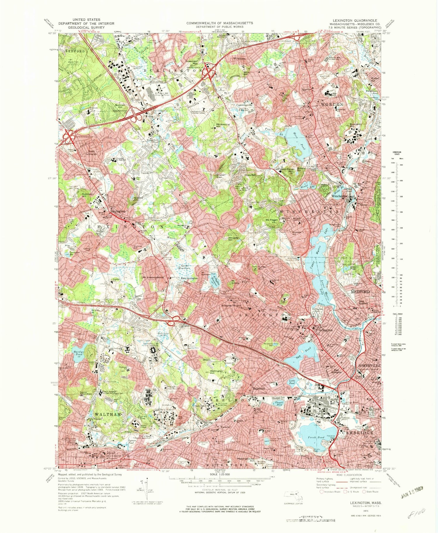 Classic USGS Lexington Massachusetts 7.5'x7.5' Topo Map Image