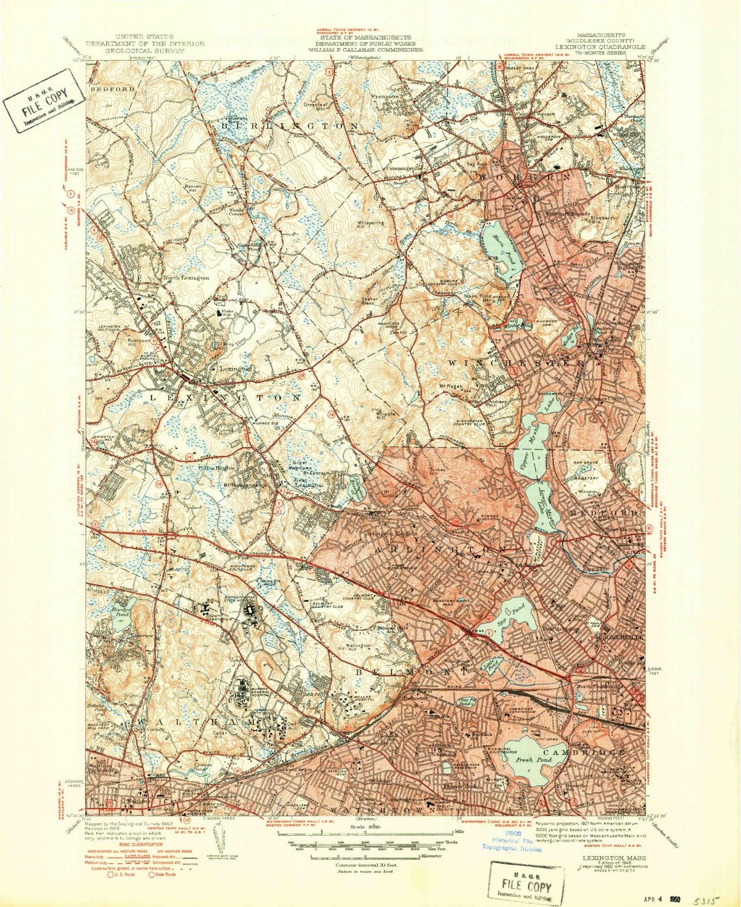 Classic USGS Lexington Massachusetts 7.5'x7.5' Topo Map Image