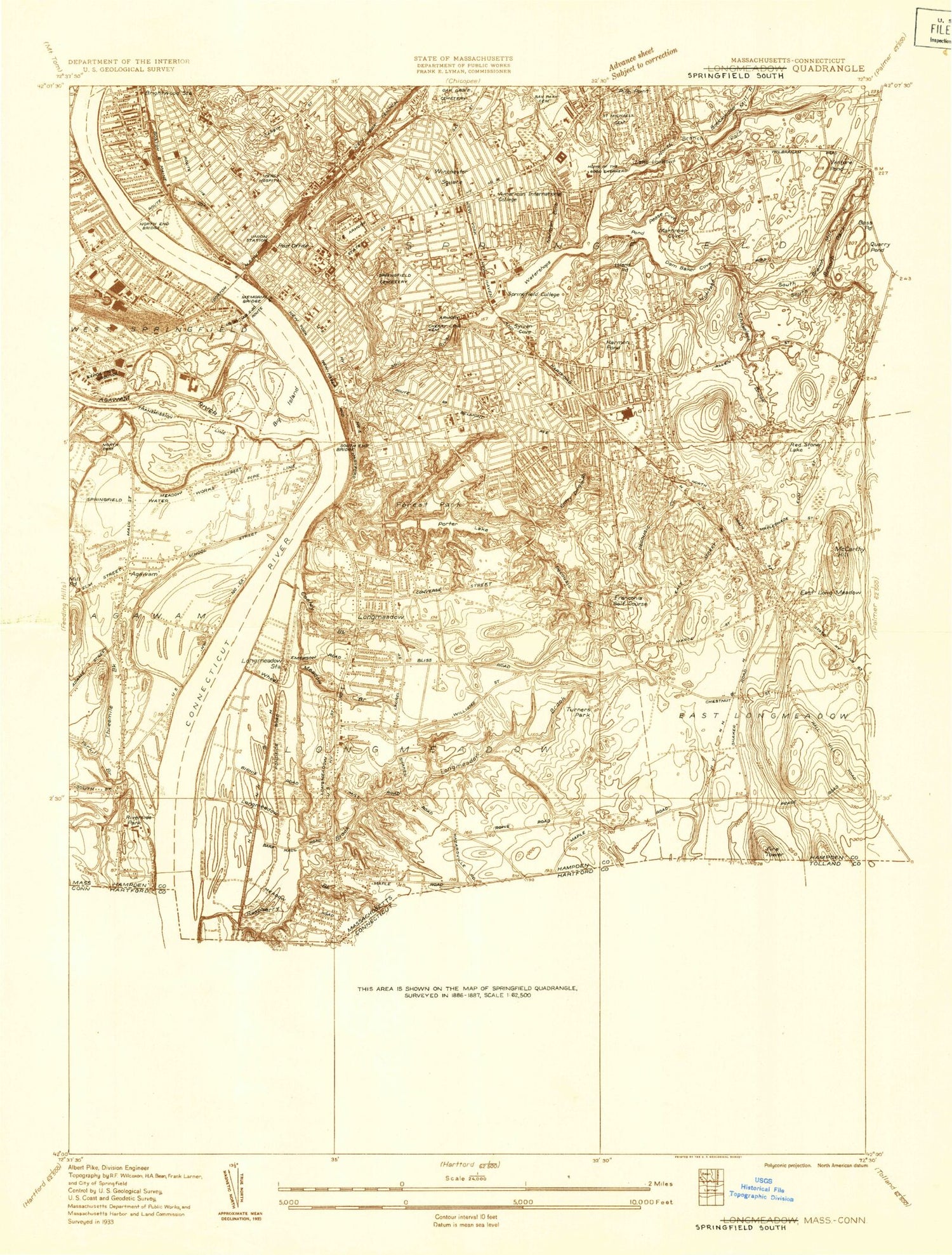 Classic USGS Springfield South Massachusetts 7.5'x7.5' Topo Map Image