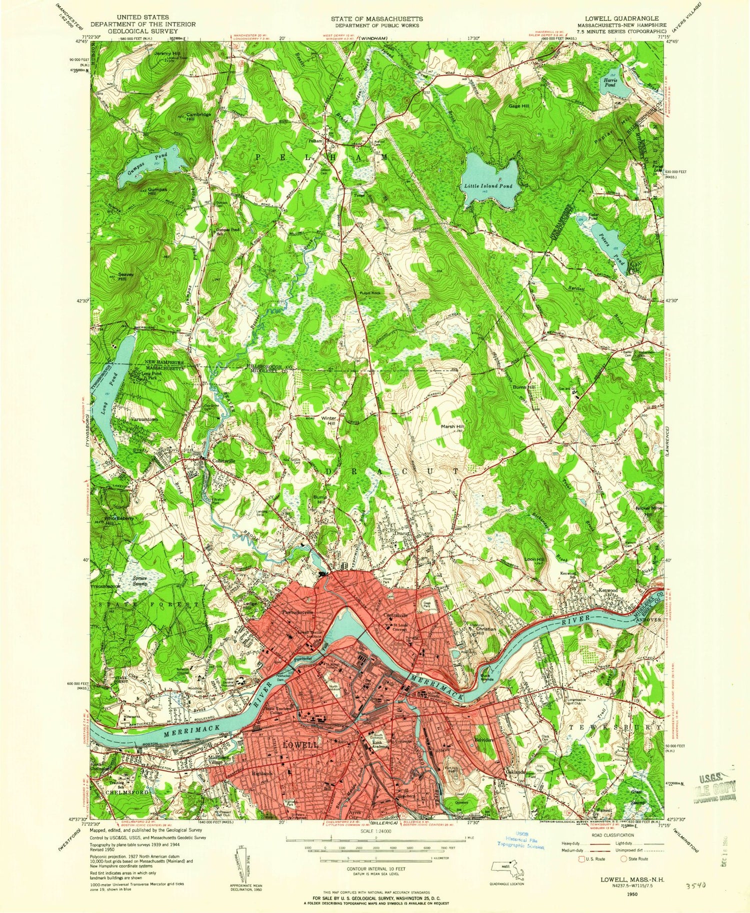 Classic USGS Lowell Massachusetts 7.5'x7.5' Topo Map Image