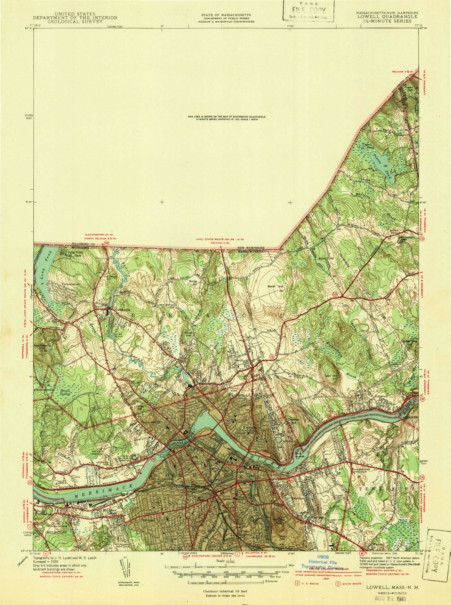 Classic USGS Lowell Massachusetts 7.5'x7.5' Topo Map Image