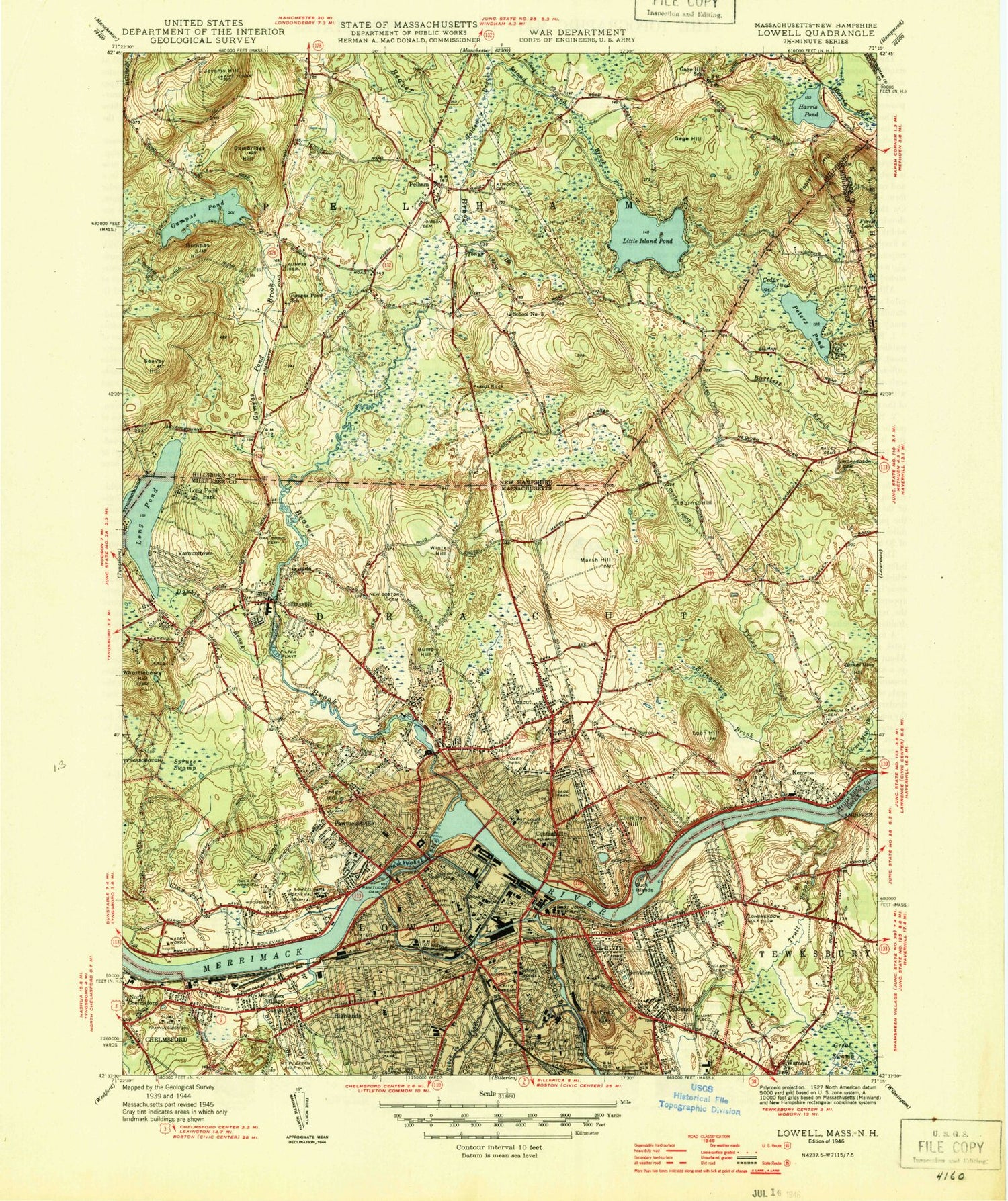 Classic USGS Lowell Massachusetts 7.5'x7.5' Topo Map Image