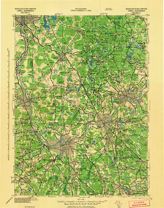 Historic 1943 Lowell Massachusetts 30'x30' Topo Map Image