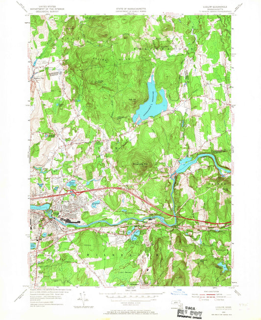 Classic USGS Ludlow Massachusetts 7.5'x7.5' Topo Map Image