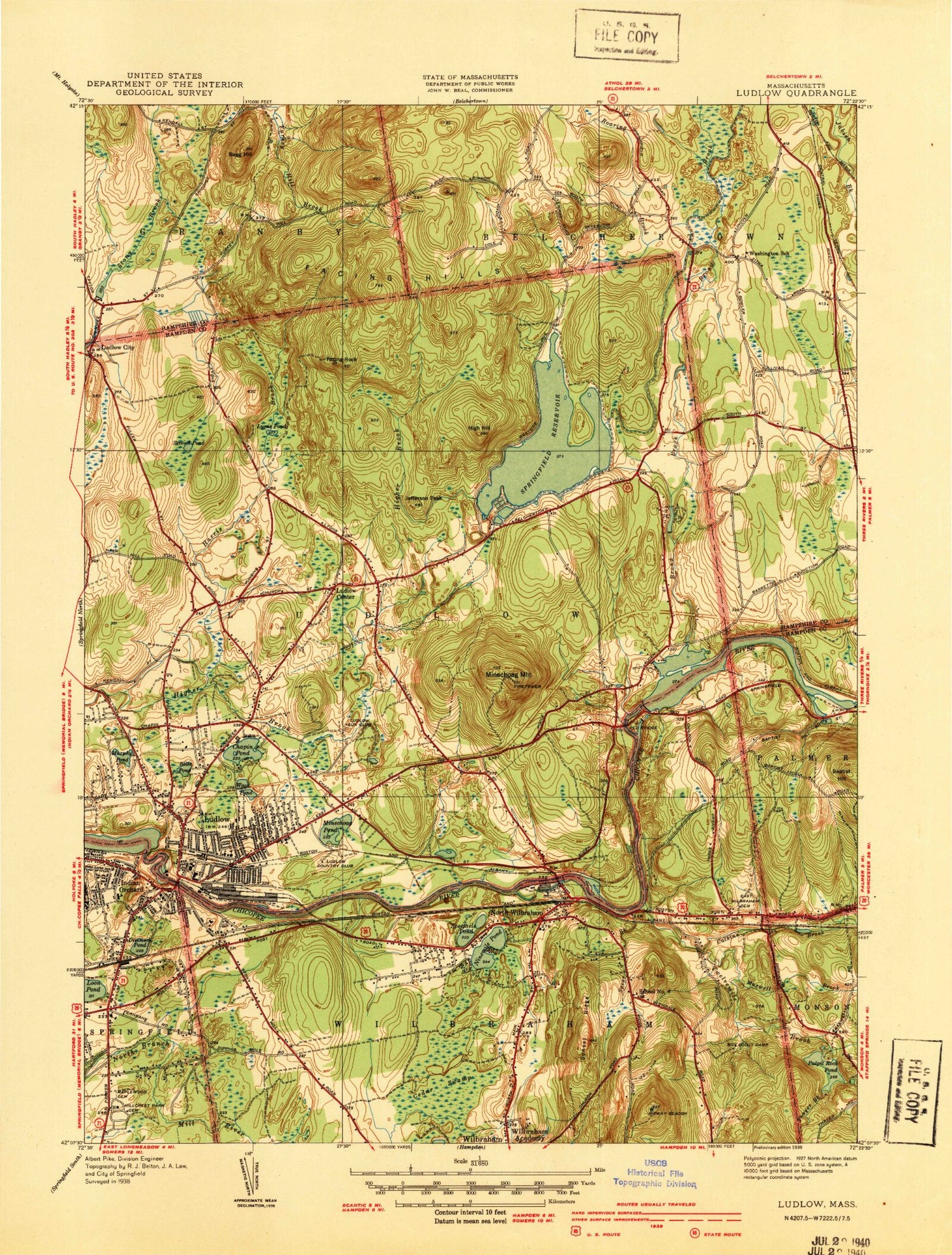 Classic USGS Ludlow Massachusetts 7.5'x7.5' Topo Map Image