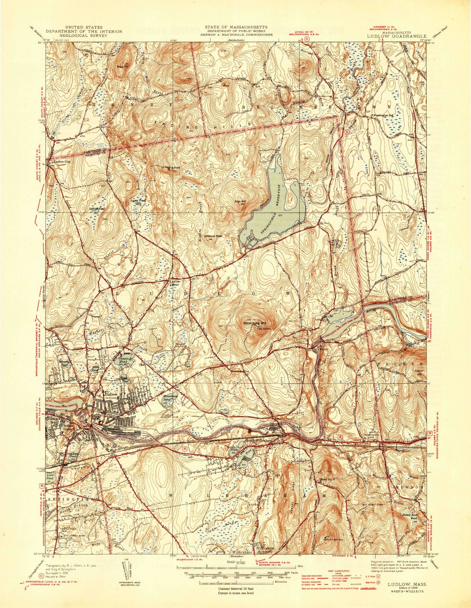 Classic USGS Ludlow Massachusetts 7.5'x7.5' Topo Map Image