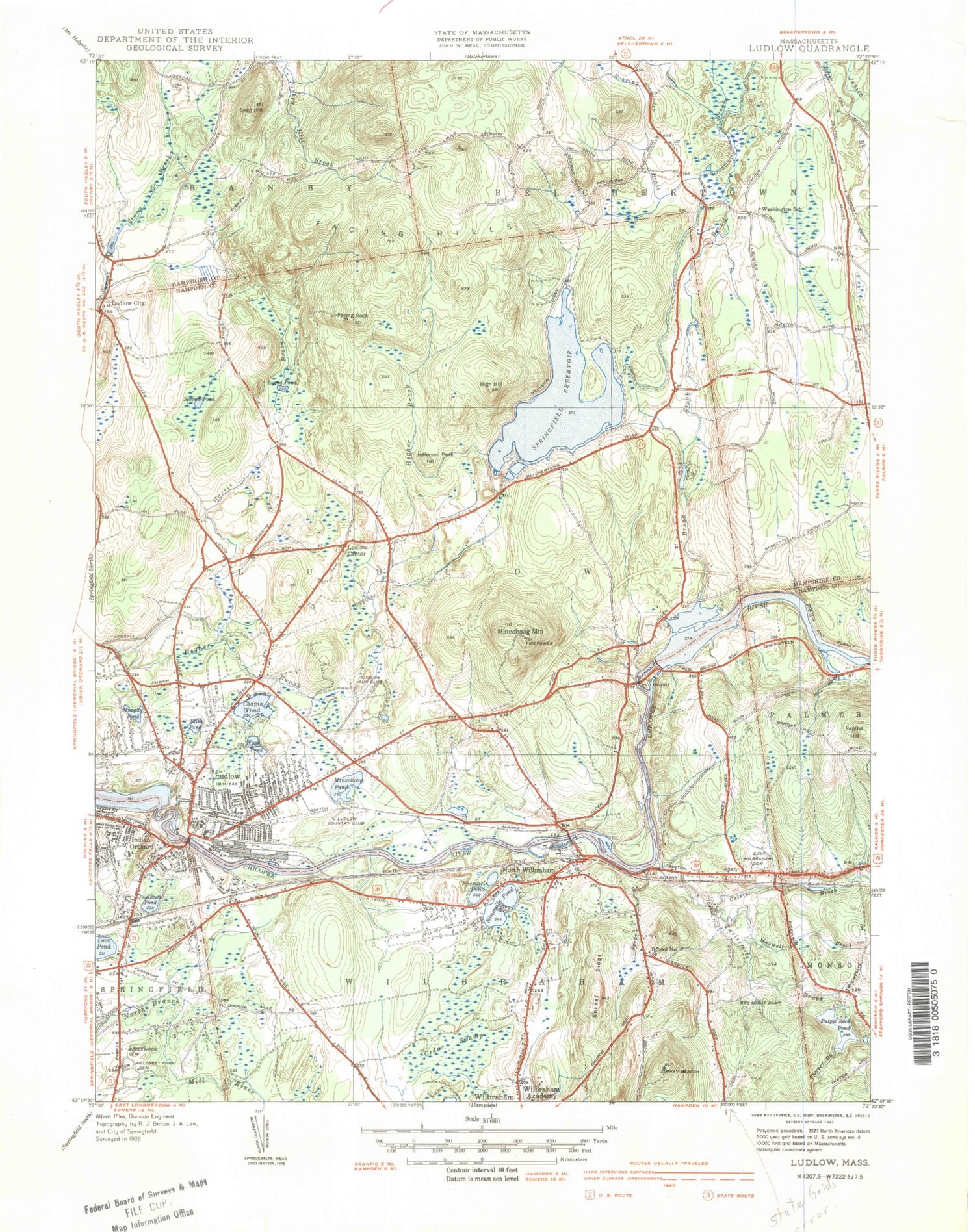 Classic USGS Ludlow Massachusetts 7.5'x7.5' Topo Map Image