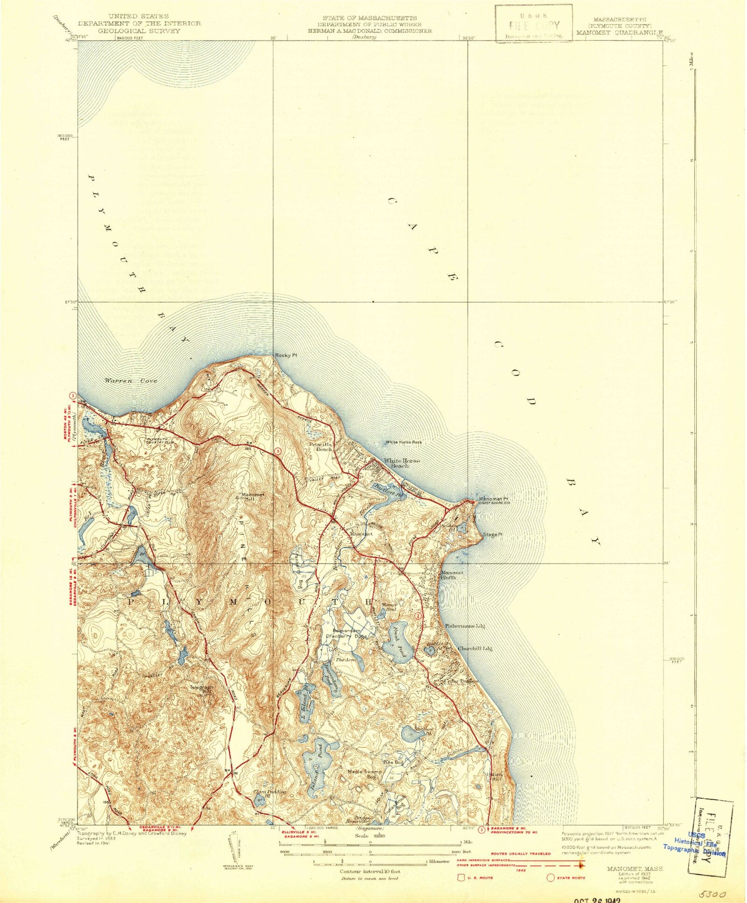Classic USGS Manomet Massachusetts 7.5'x7.5' Topo Map Image