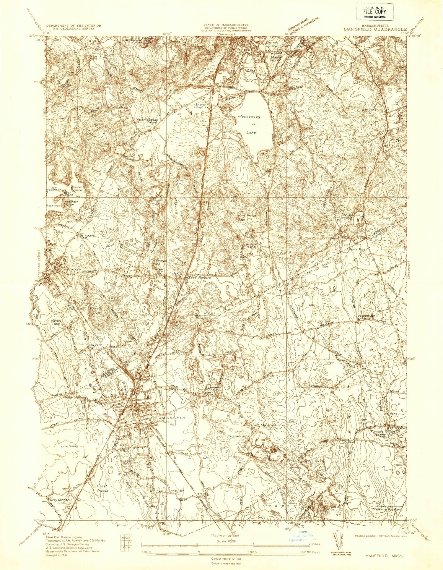 Classic USGS Mansfield Massachusetts 7.5'x7.5' Topo Map Image