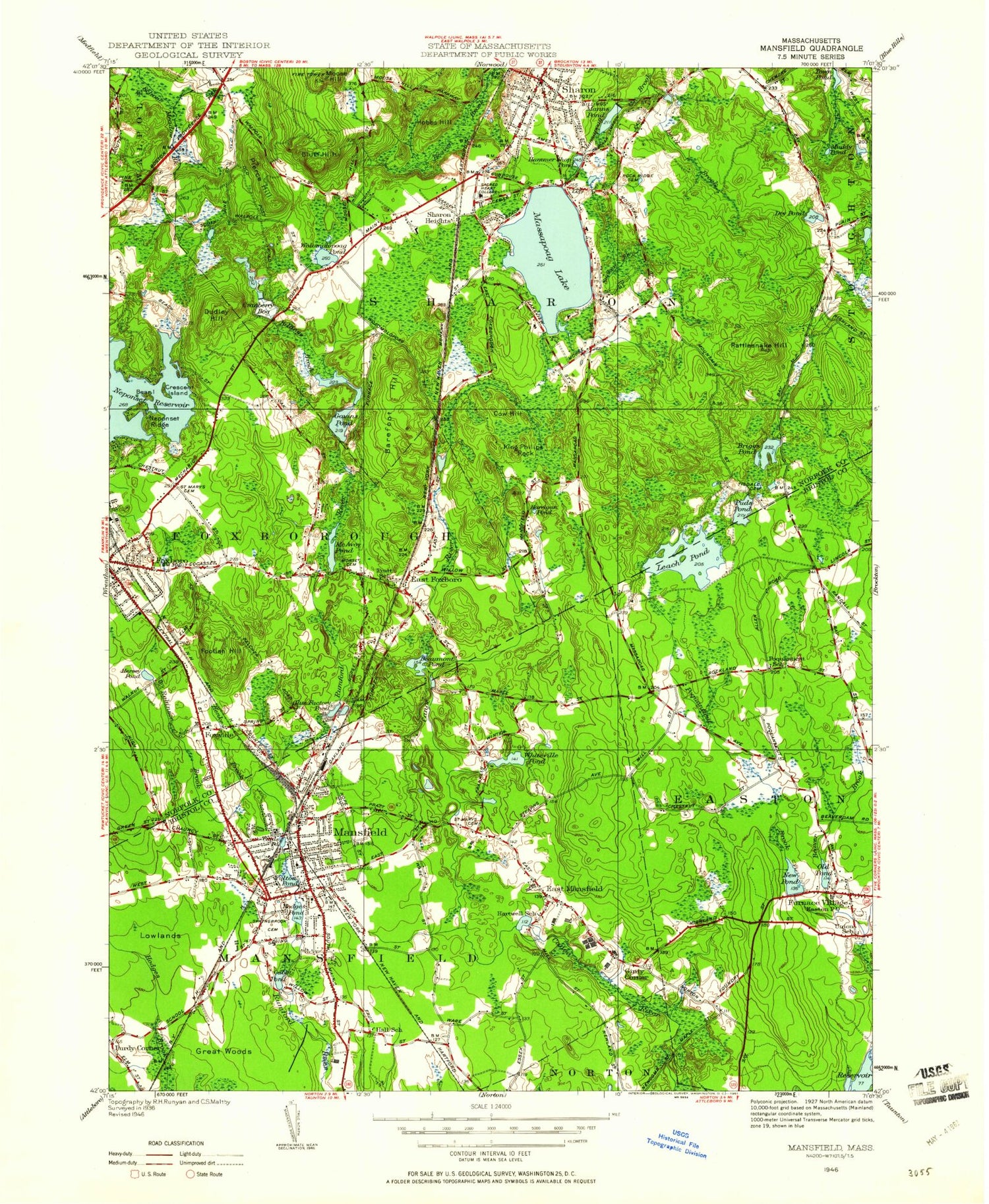Classic USGS Mansfield Massachusetts 7.5'x7.5' Topo Map Image