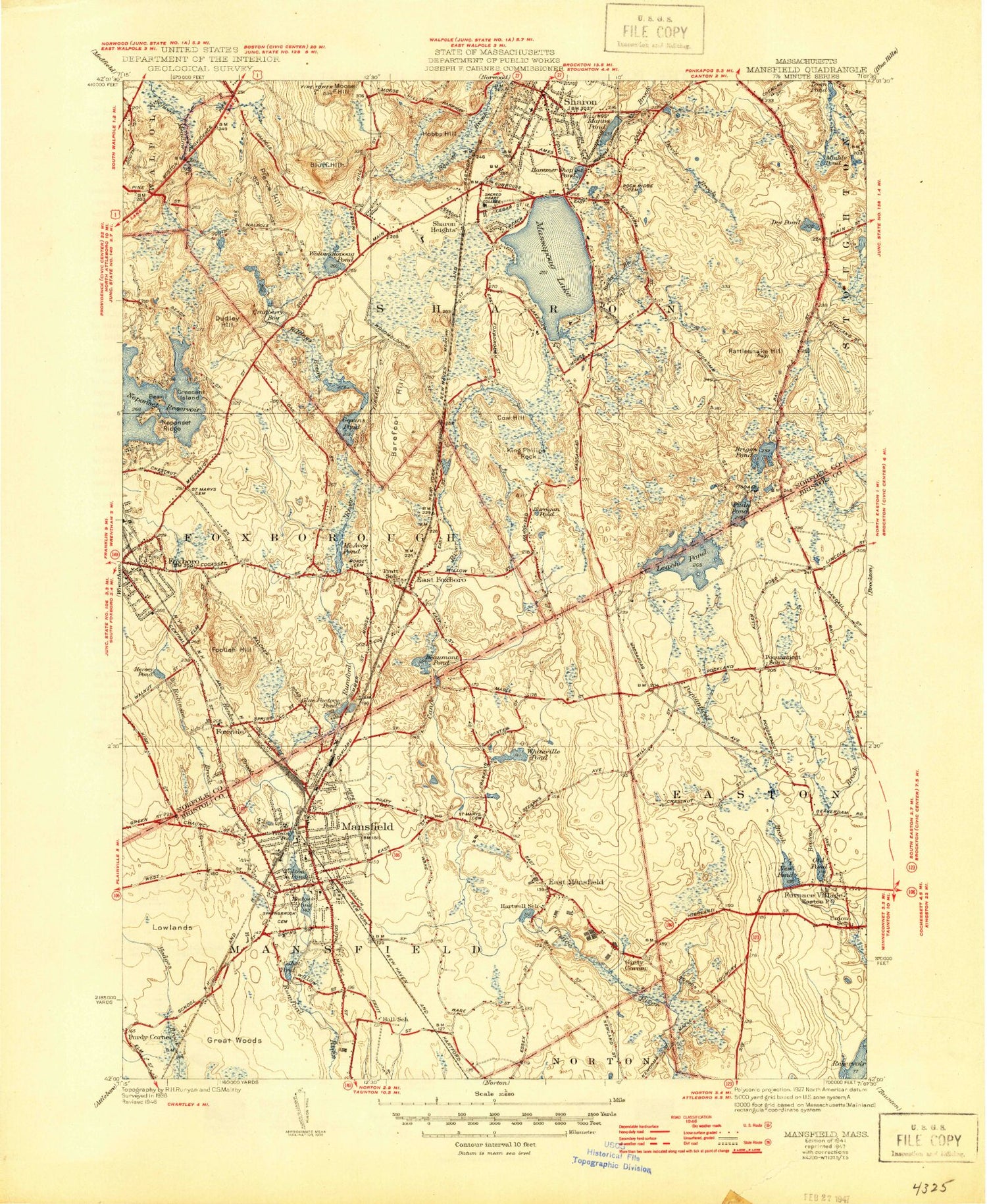 Classic USGS Mansfield Massachusetts 7.5'x7.5' Topo Map Image