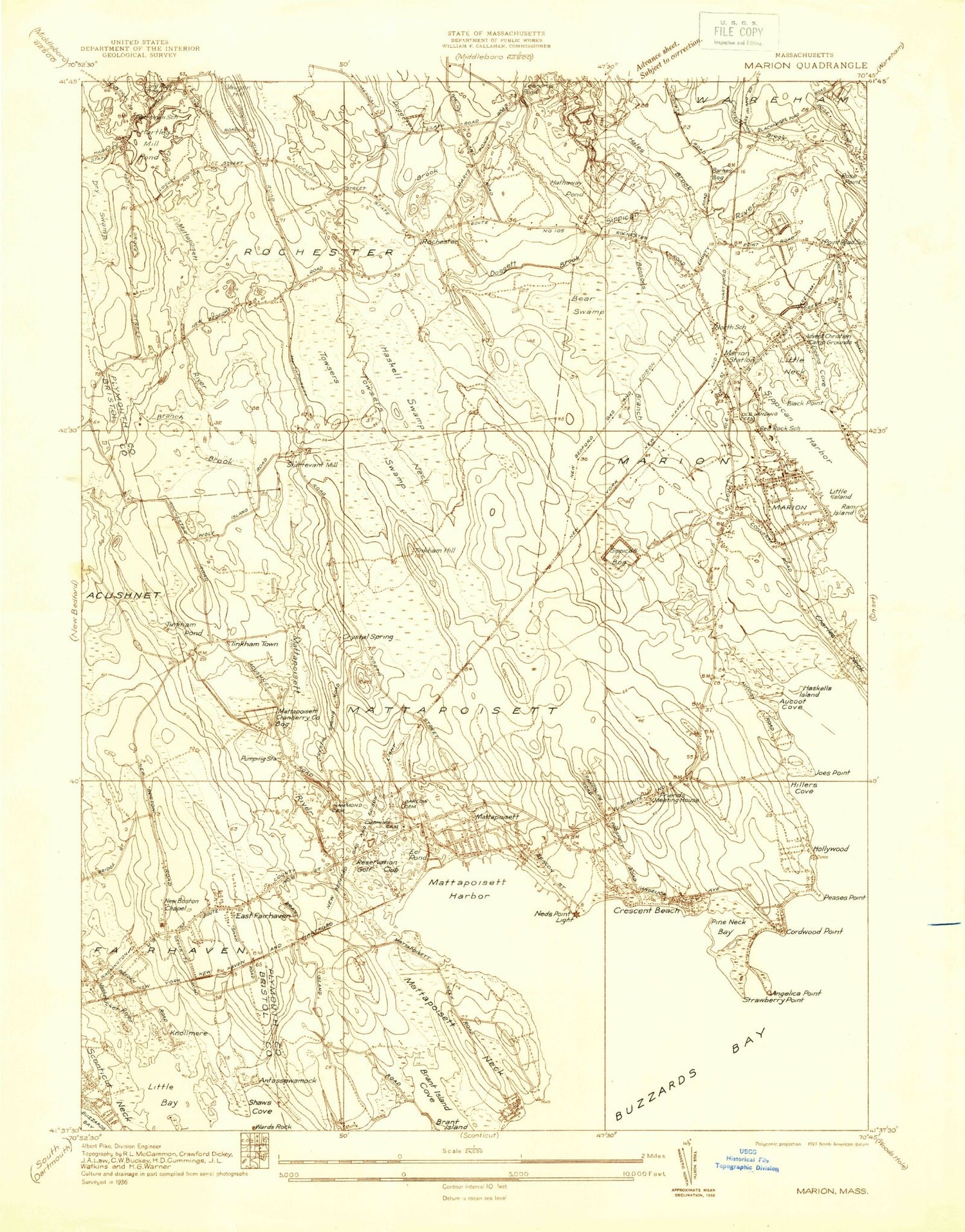Classic USGS Marion Massachusetts 7.5'x7.5' Topo Map Image