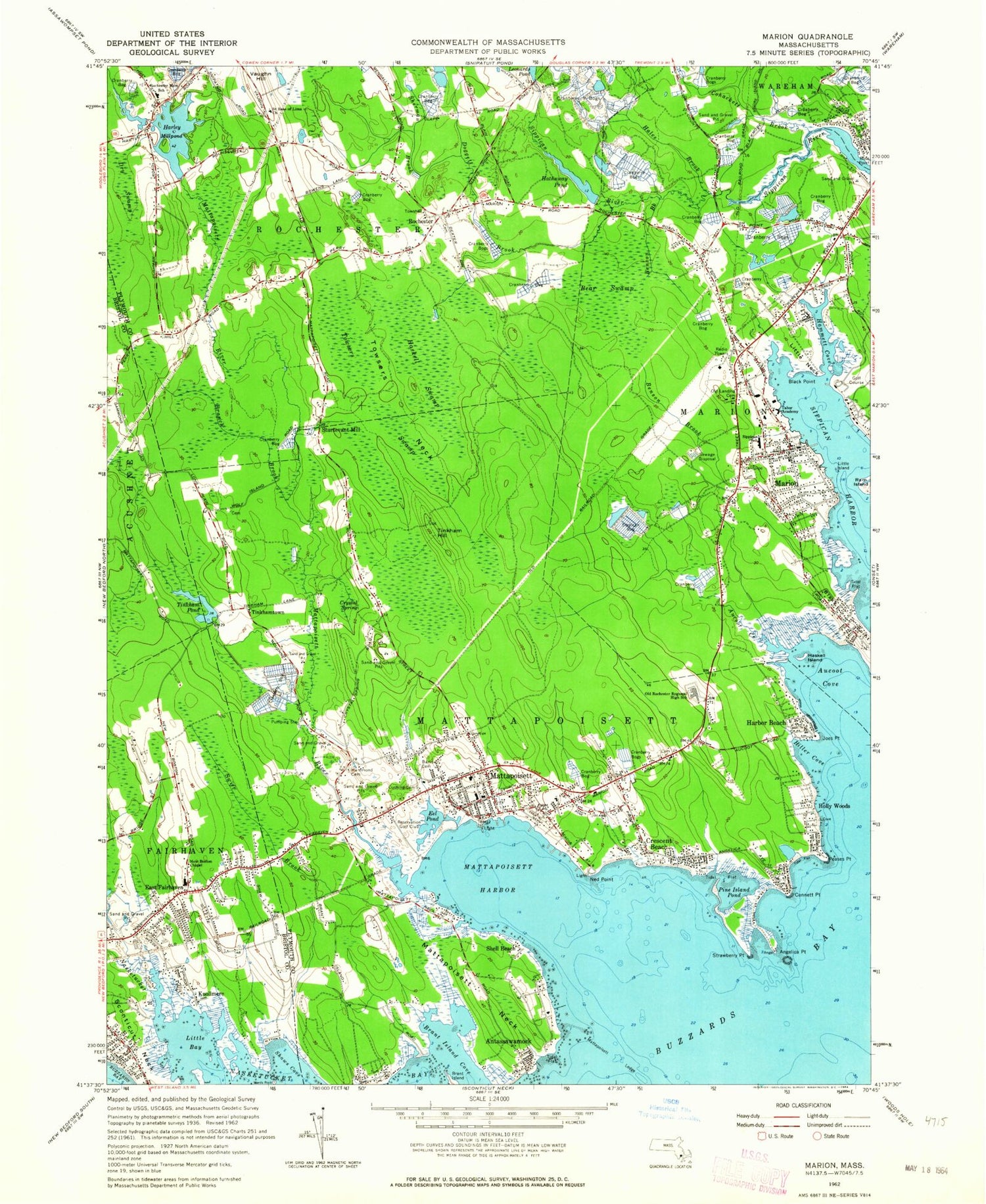 Classic USGS Marion Massachusetts 7.5'x7.5' Topo Map Image