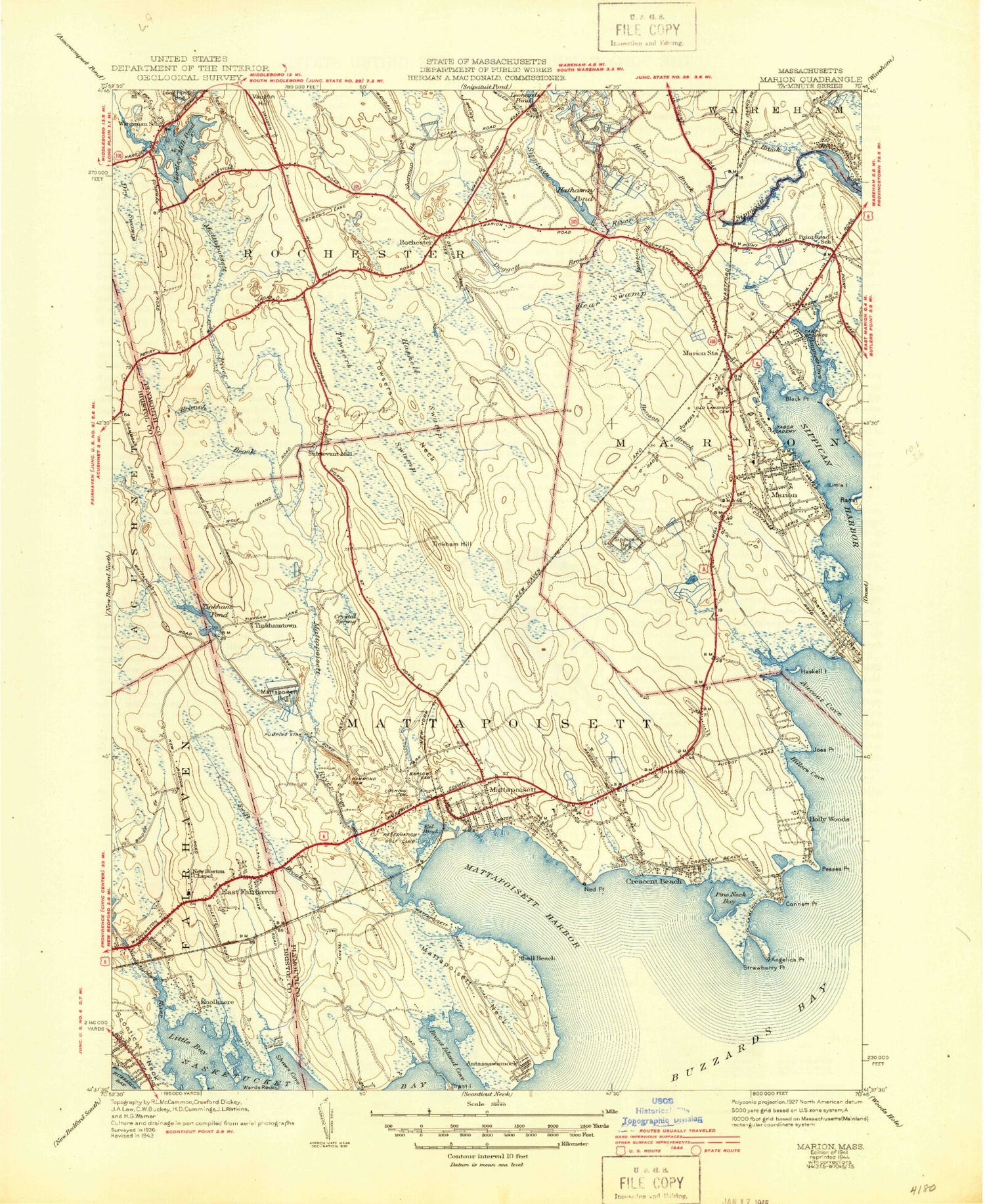 Classic USGS Marion Massachusetts 7.5'x7.5' Topo Map Image