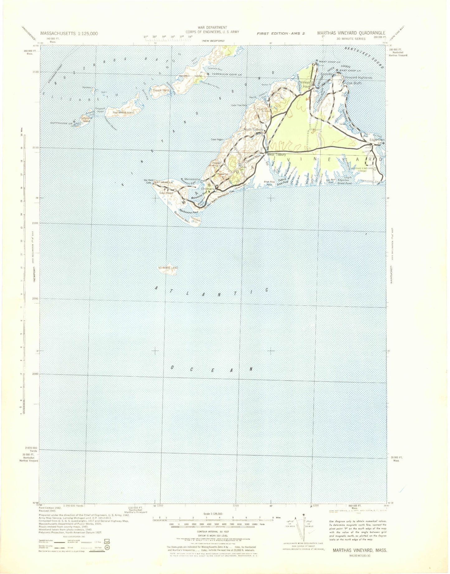 Historic 1942 Marthas Vineyard Massachusetts 30'x30' Topo Map Image