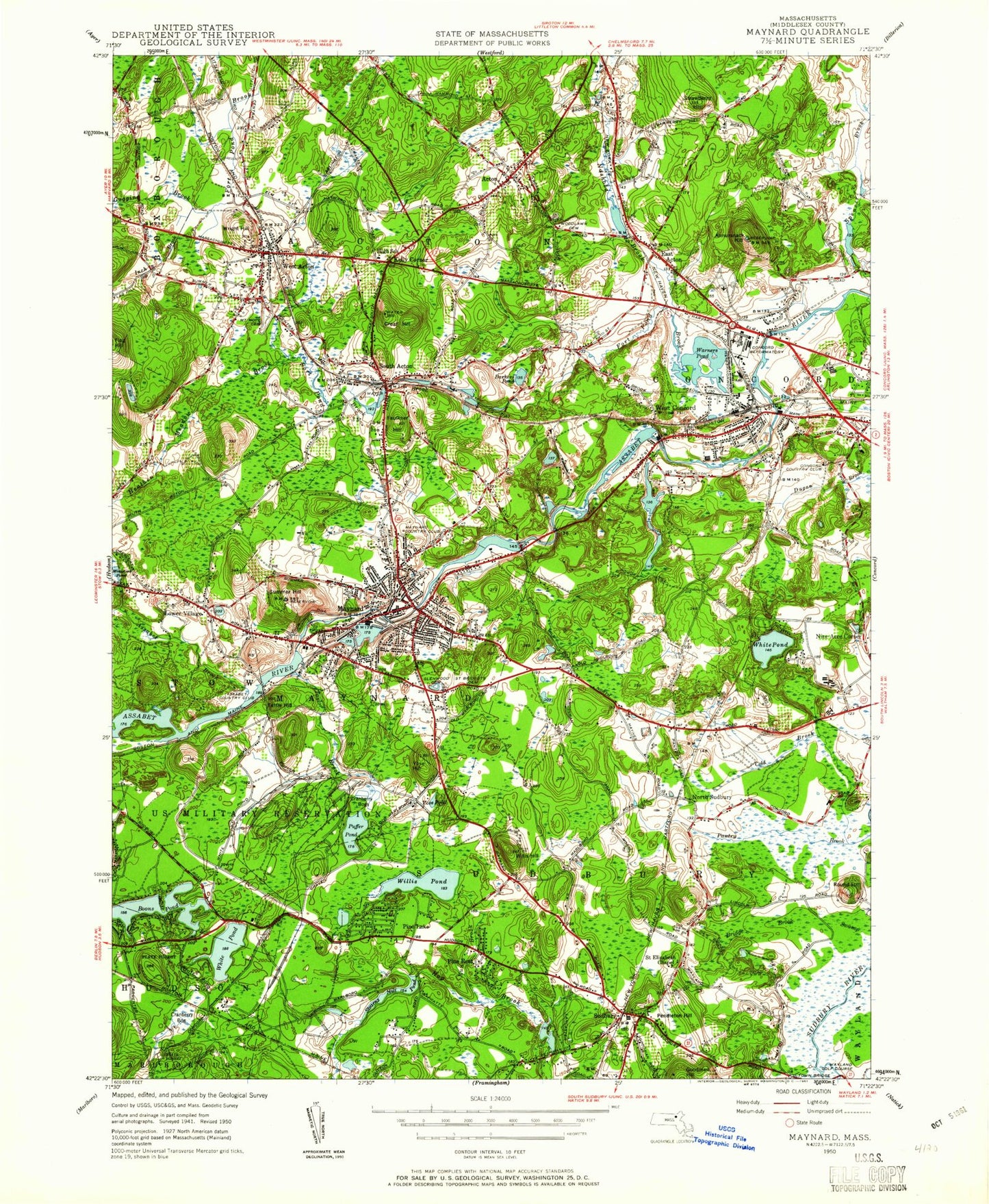 Classic USGS Maynard Massachusetts 7.5'x7.5' Topo Map Image