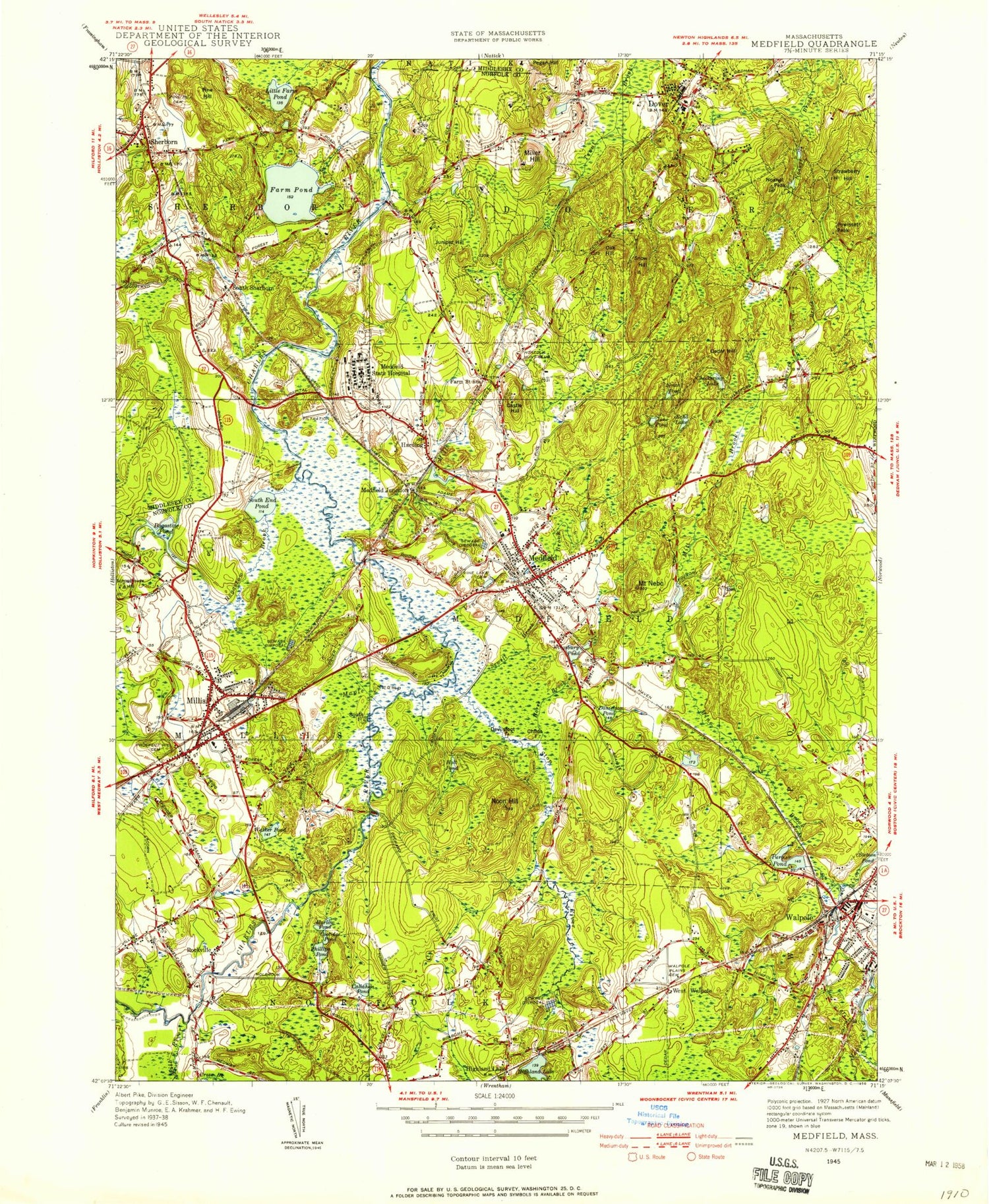 Classic USGS Medfield Massachusetts 7.5'x7.5' Topo Map Image