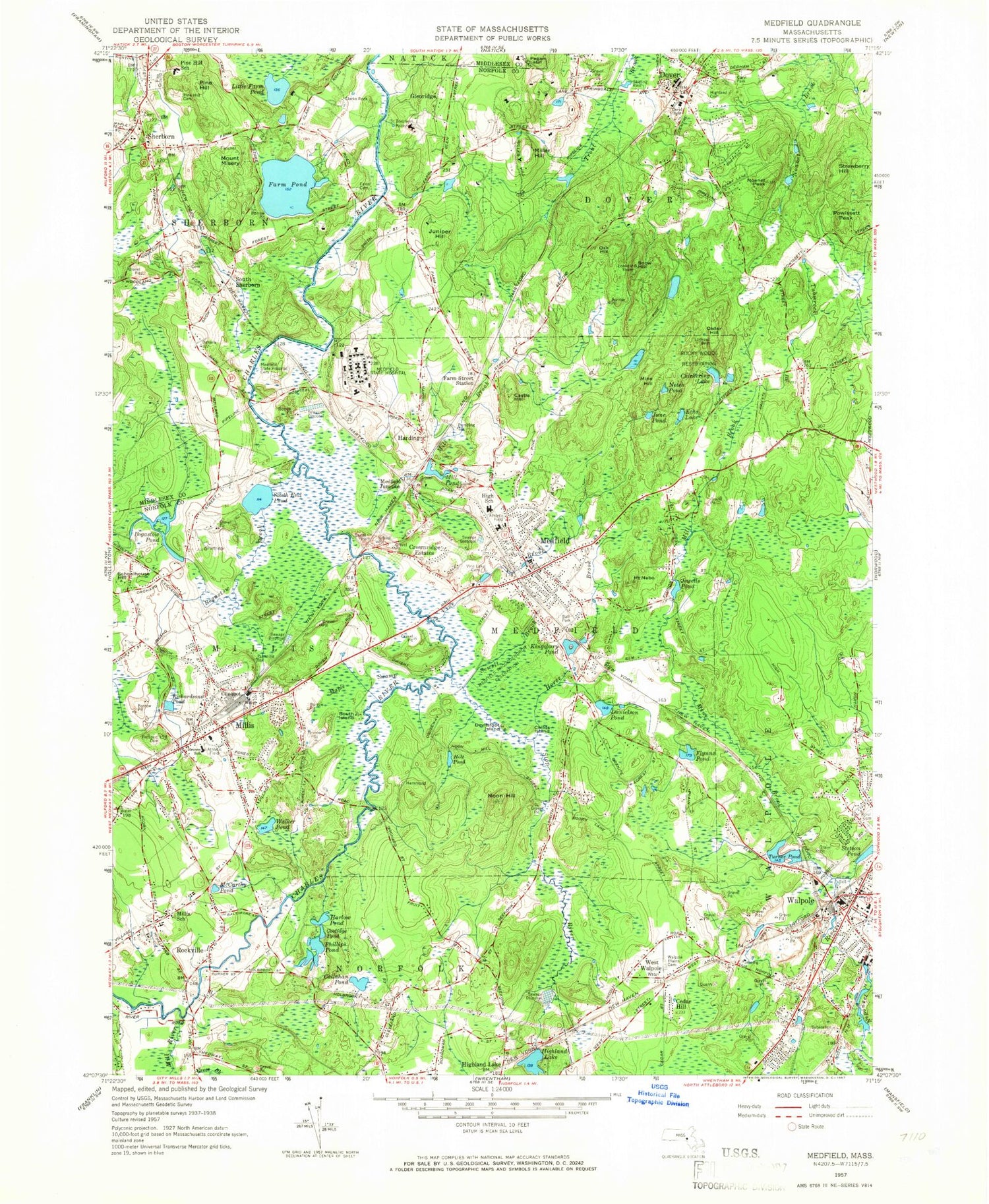 Classic USGS Medfield Massachusetts 7.5'x7.5' Topo Map Image