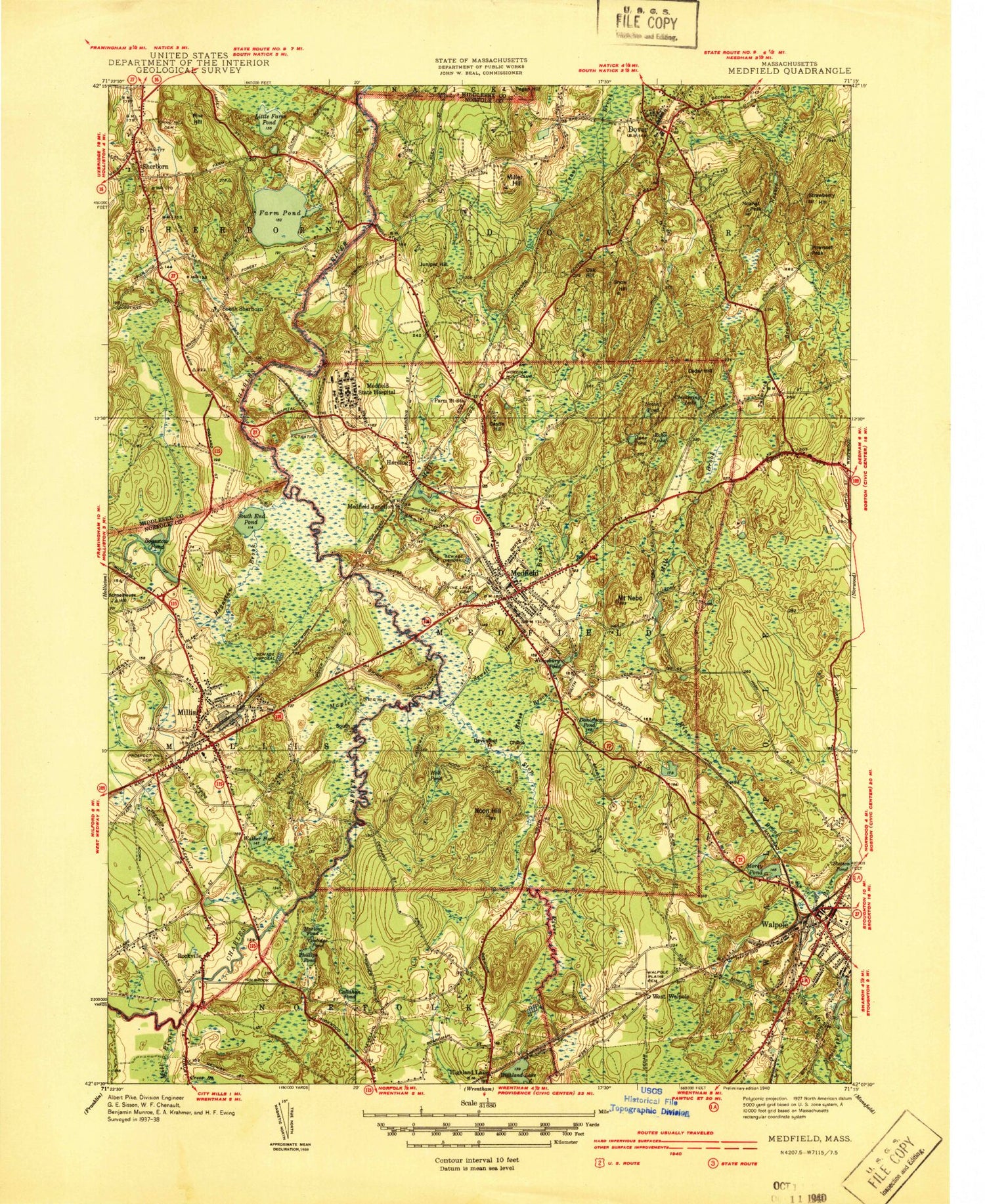 Classic USGS Medfield Massachusetts 7.5'x7.5' Topo Map Image