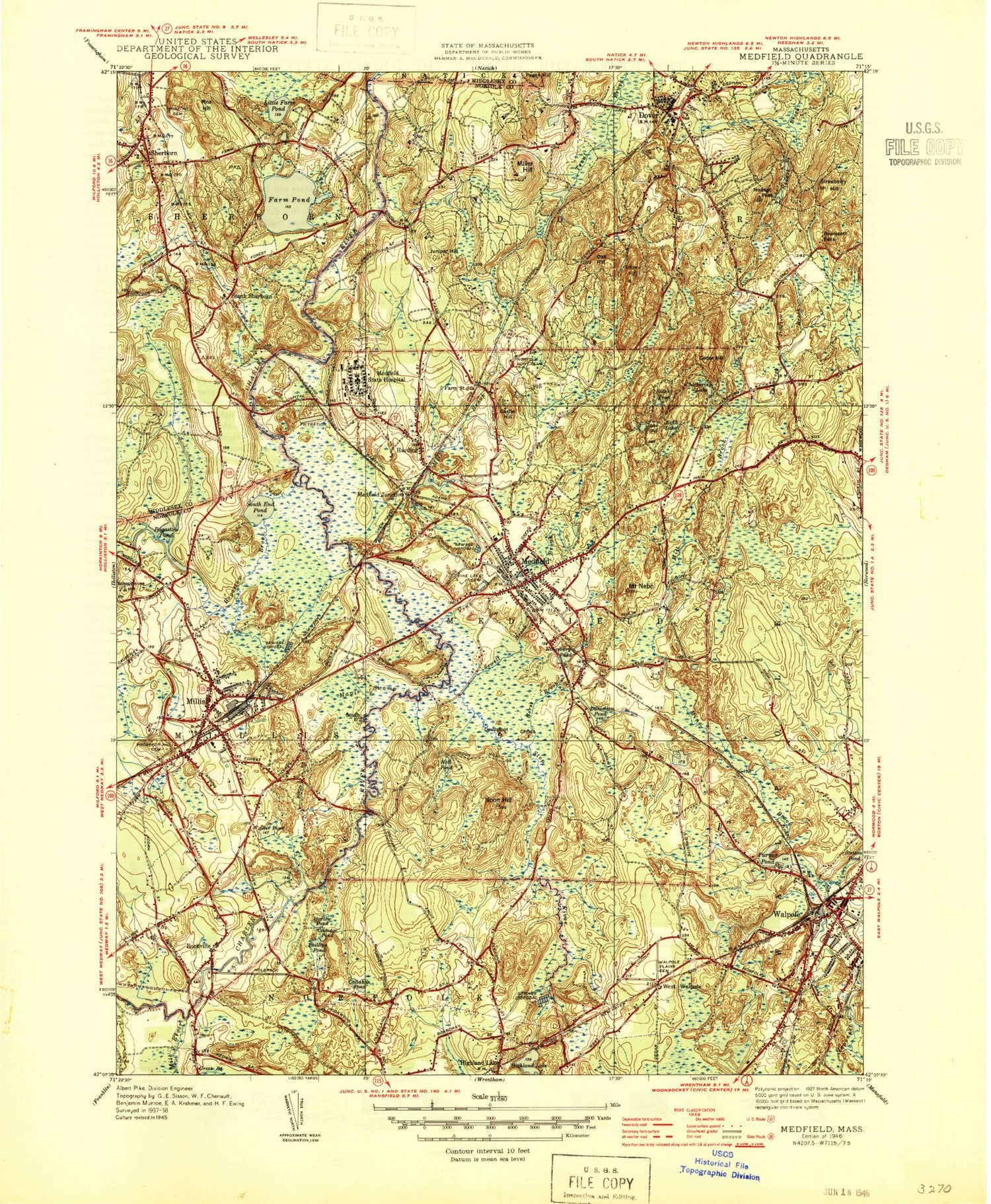 Classic USGS Medfield Massachusetts 7.5'x7.5' Topo Map Image