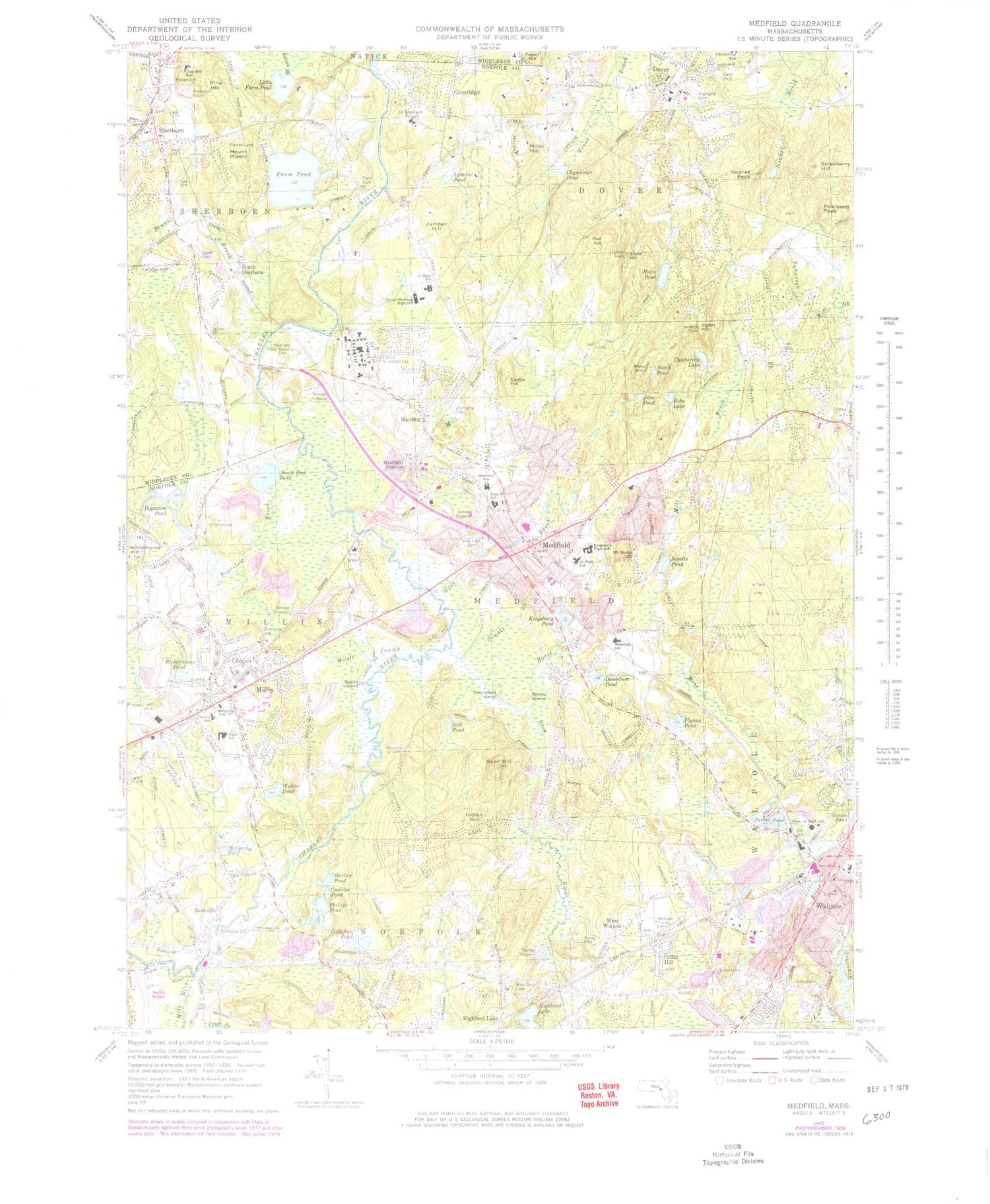 Classic USGS Medfield Massachusetts 7.5'x7.5' Topo Map Image
