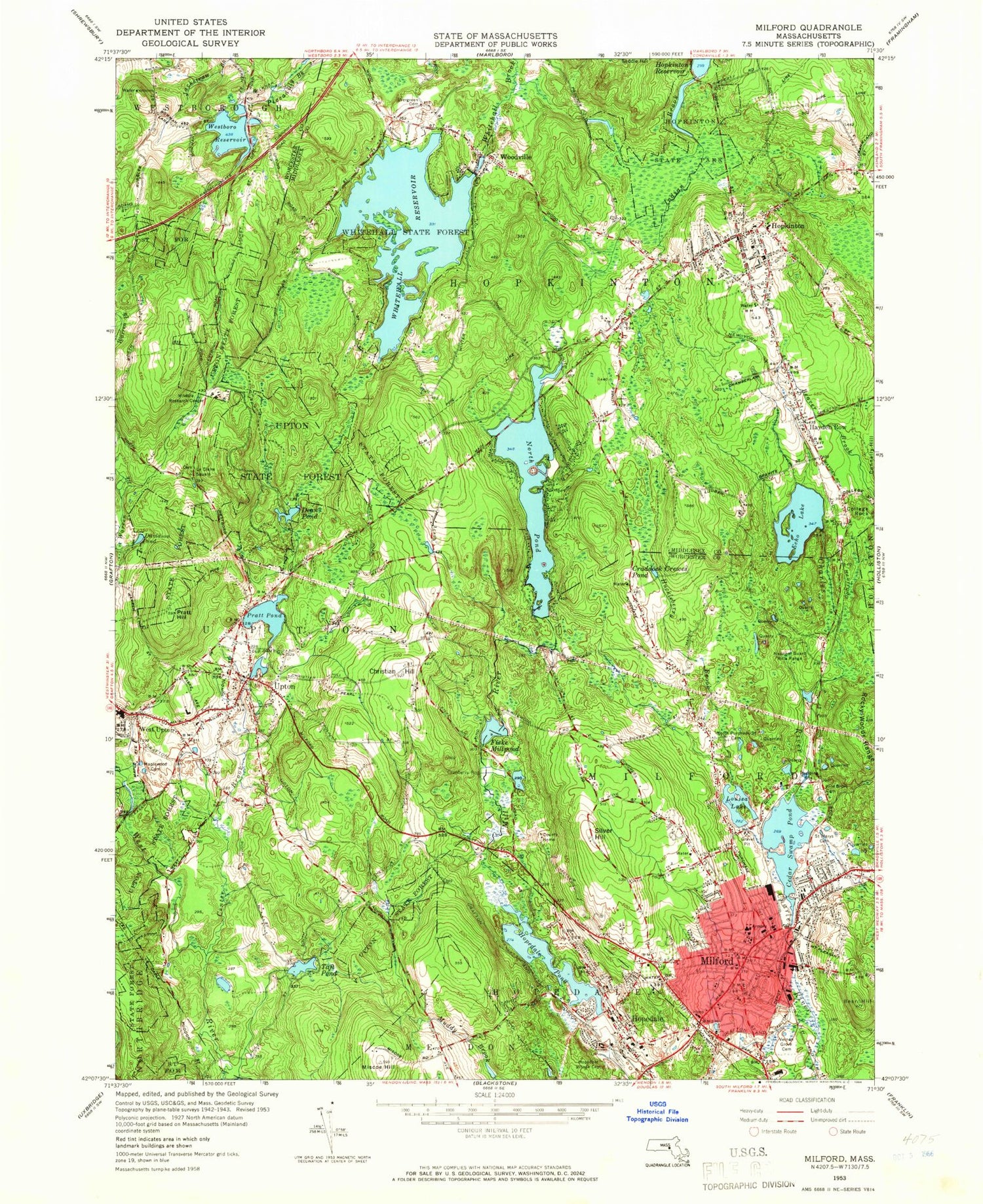 Classic USGS Milford Massachusetts 7.5'x7.5' Topo Map Image