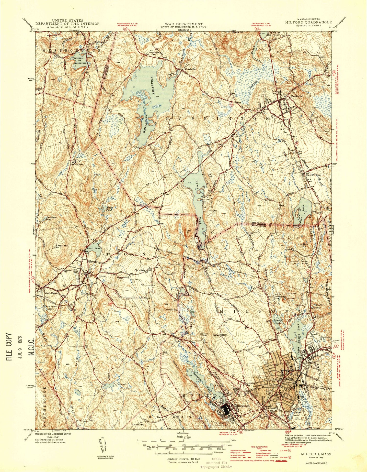 Classic USGS Milford Massachusetts 7.5'x7.5' Topo Map Image