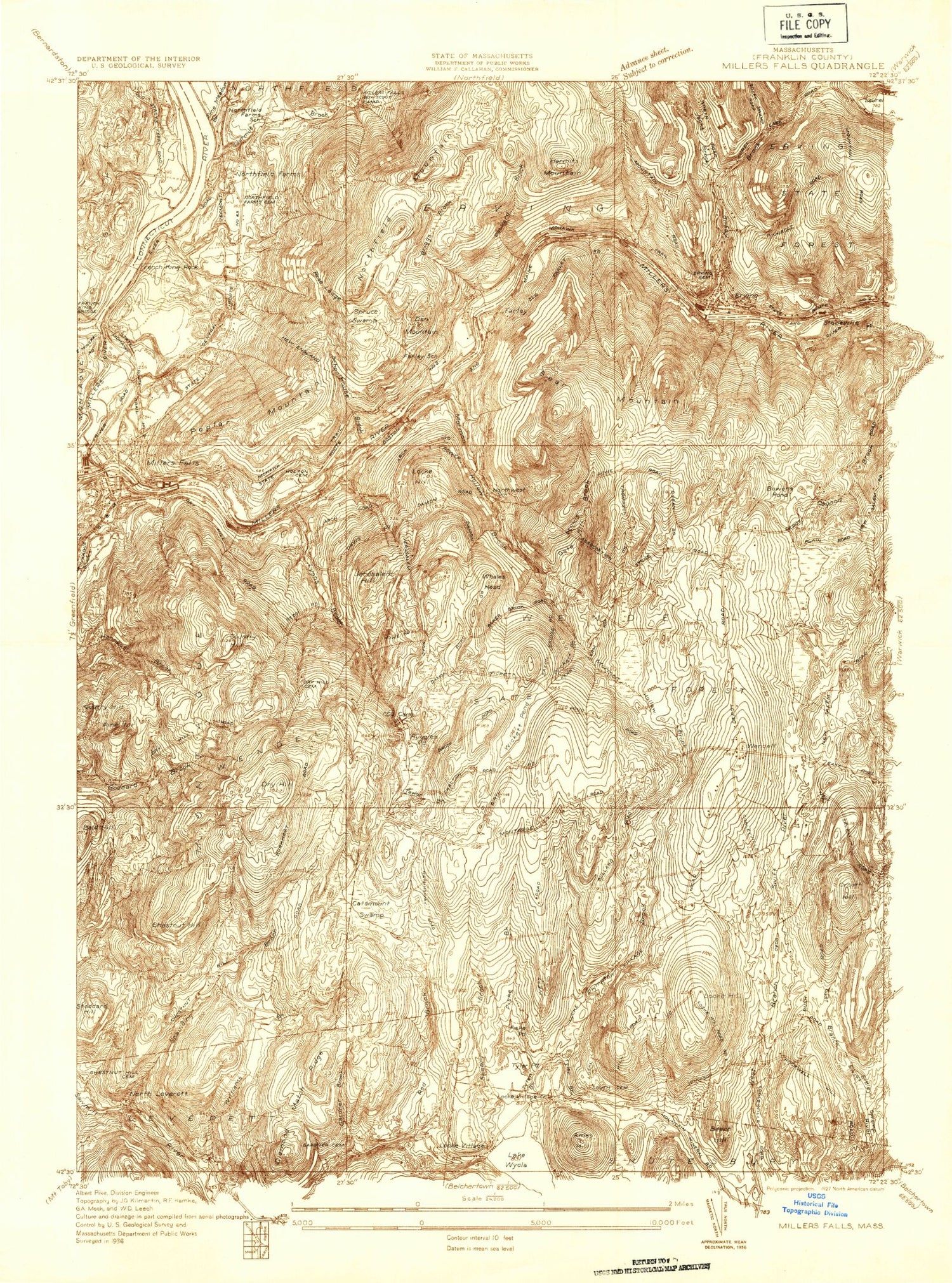 Classic USGS Millers Falls Massachusetts 7.5'x7.5' Topo Map Image