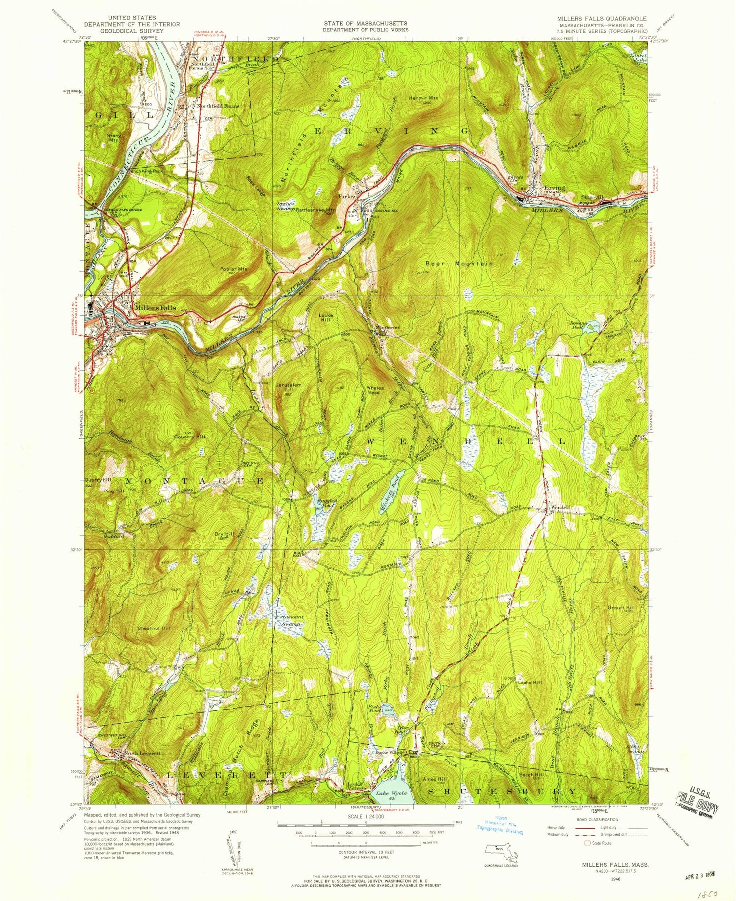 Classic USGS Millers Falls Massachusetts 7.5'x7.5' Topo Map Image