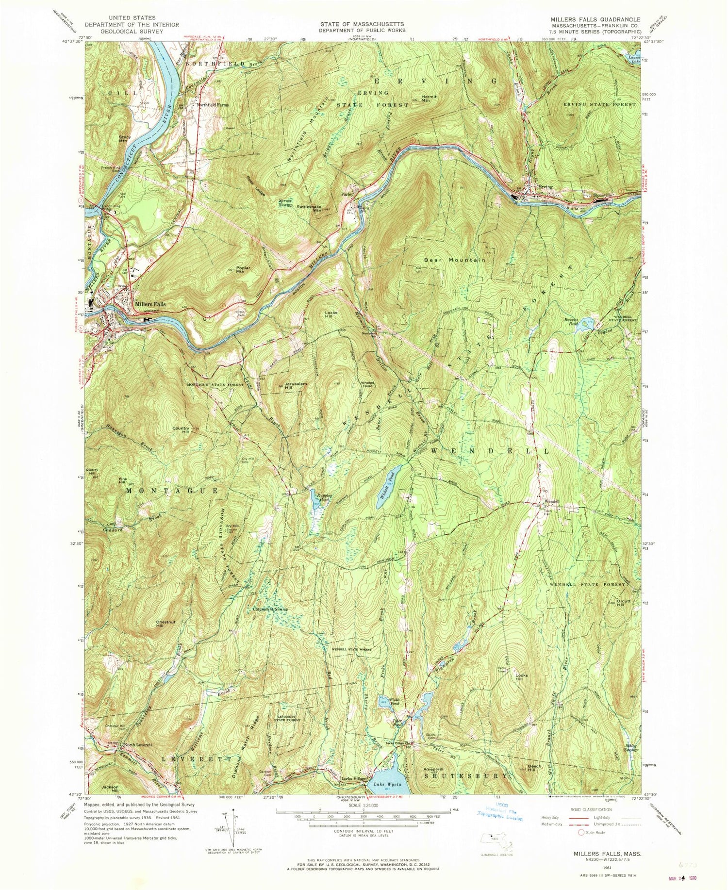 Classic USGS Millers Falls Massachusetts 7.5'x7.5' Topo Map Image