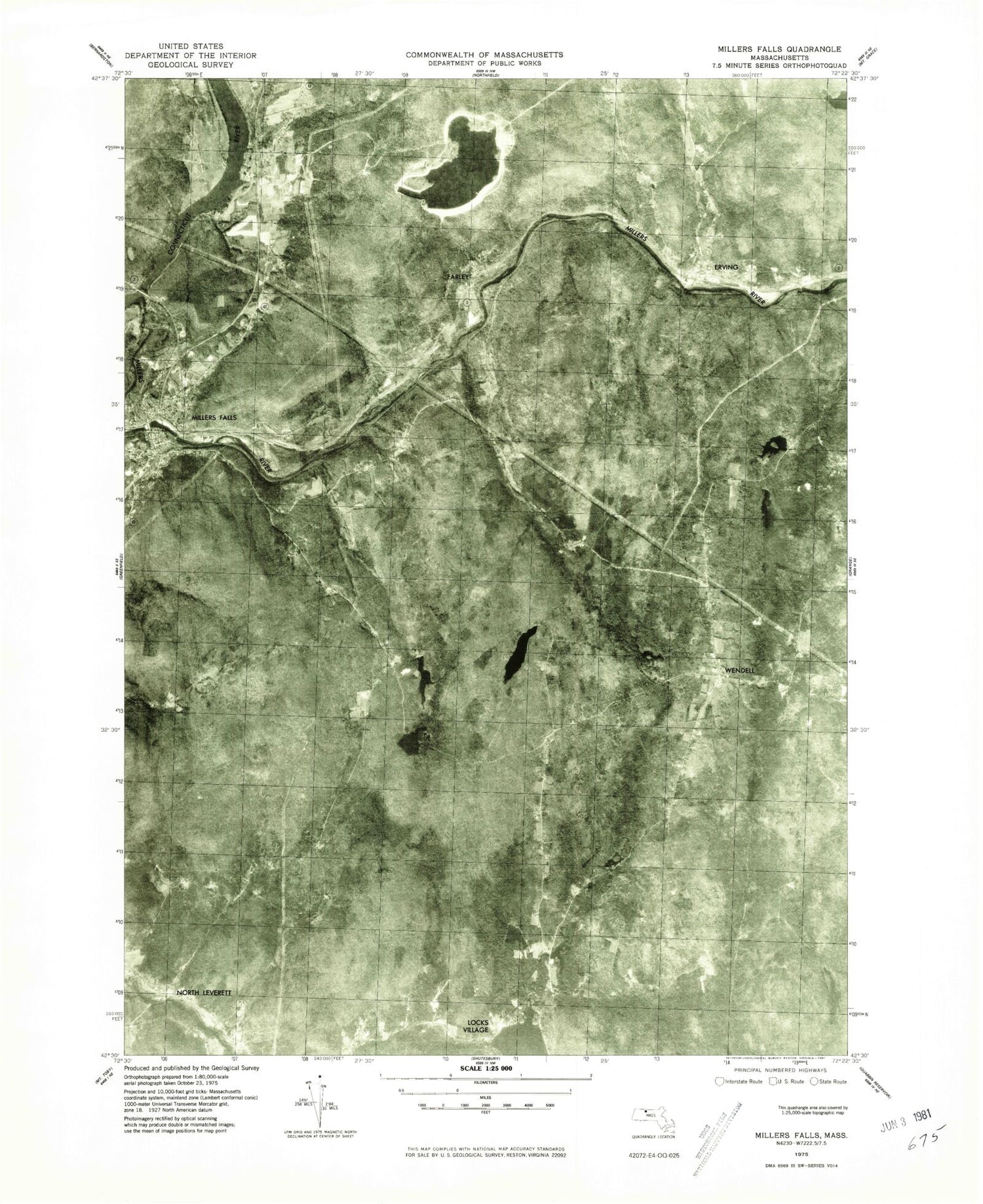 Classic USGS Millers Falls Massachusetts 7.5'x7.5' Topo Map Image