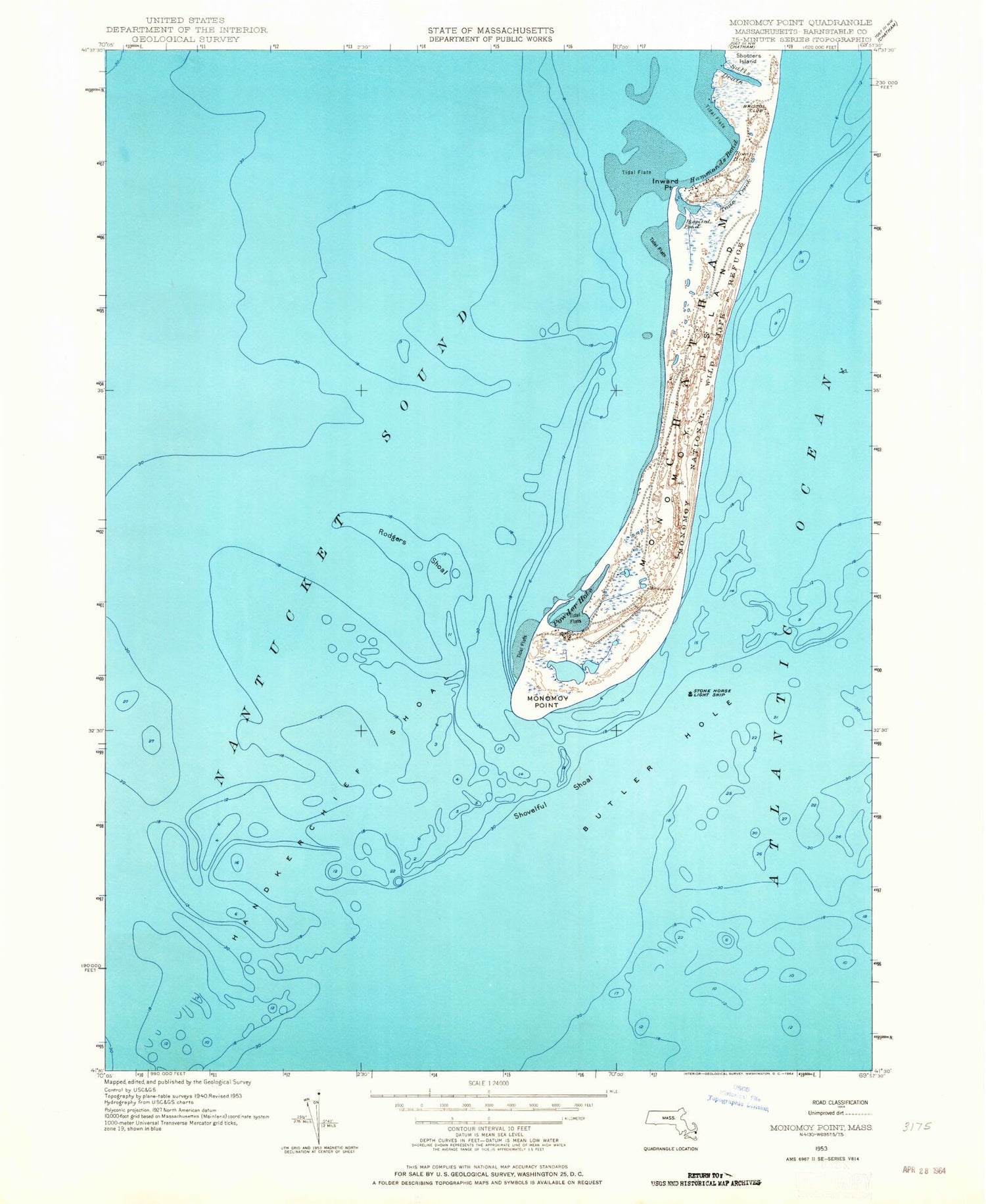 Classic USGS Monomoy Point Massachusetts 7.5'x7.5' Topo Map Image