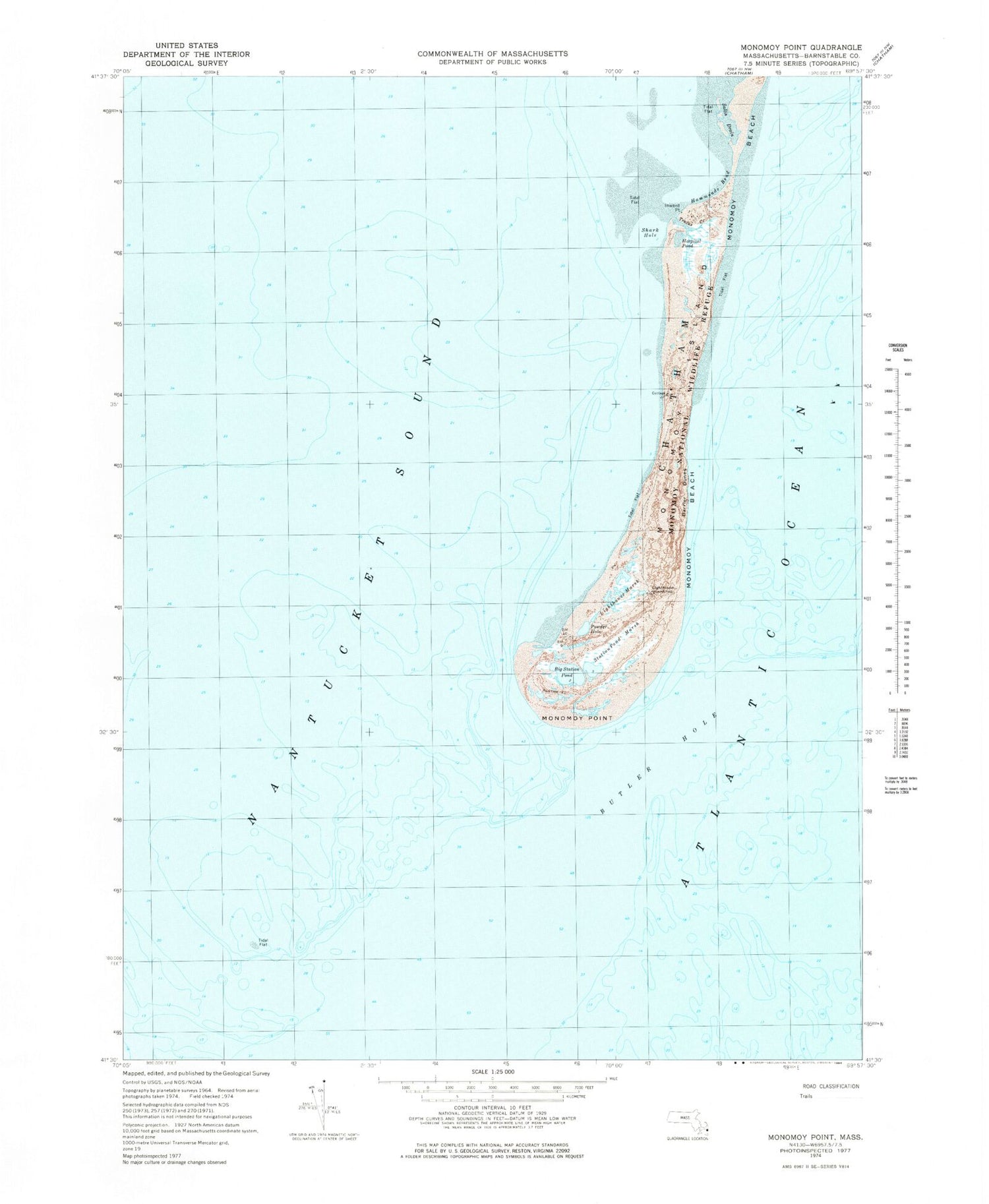 Classic USGS Monomoy Point Massachusetts 7.5'x7.5' Topo Map Image